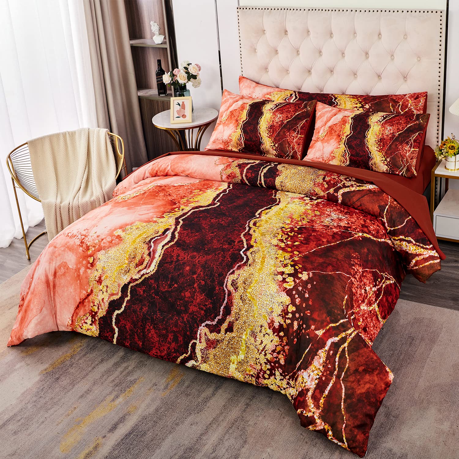 PERFEMET King Size Comforter Set 6 Pcs Orange Marble Printed Comforter with Sheet Sets Aesthetic Artwork Design Watercolor Bed in a Bag for All Season(Orange, King) Image