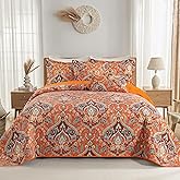VAPUTAR Cotton Quilts Queen Size, Queen Quilt Bedding Set with Bohemian Damask Pattern-3 Pieces Lightweight Soft Bedspread Queen Size Coverlet (90 * 98 in) Suitable for All Season (Light Orange)
