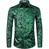 ZEROYAA Men's Luxury Gold Prom Design Slim Fit Long Sleeve Button up Party Dress Shirts