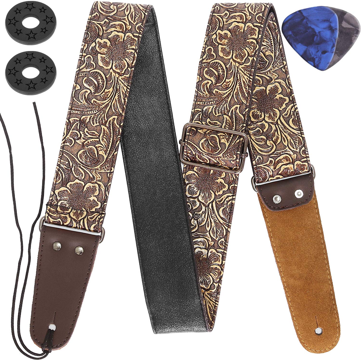 Guitar Strap, Stamped Leather Guitar Strap PU Leather Western Vintage 60's Retro (Bronze)