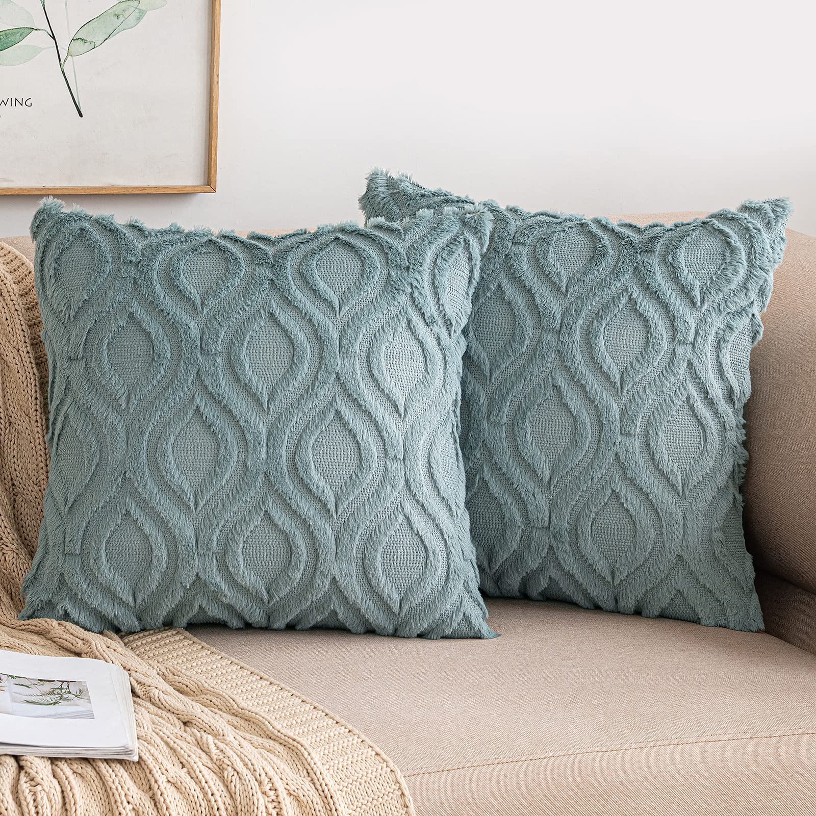 MIULEE Set of 2 Cushion Covers 45 x 45 cm Short Wool and Polyester Blend Soft Comfortable Flexible Round Pattern Decorative Boheme Fur Pillowcase for Living Room, Bedroom, Sofa, Grey, Blue Velvet