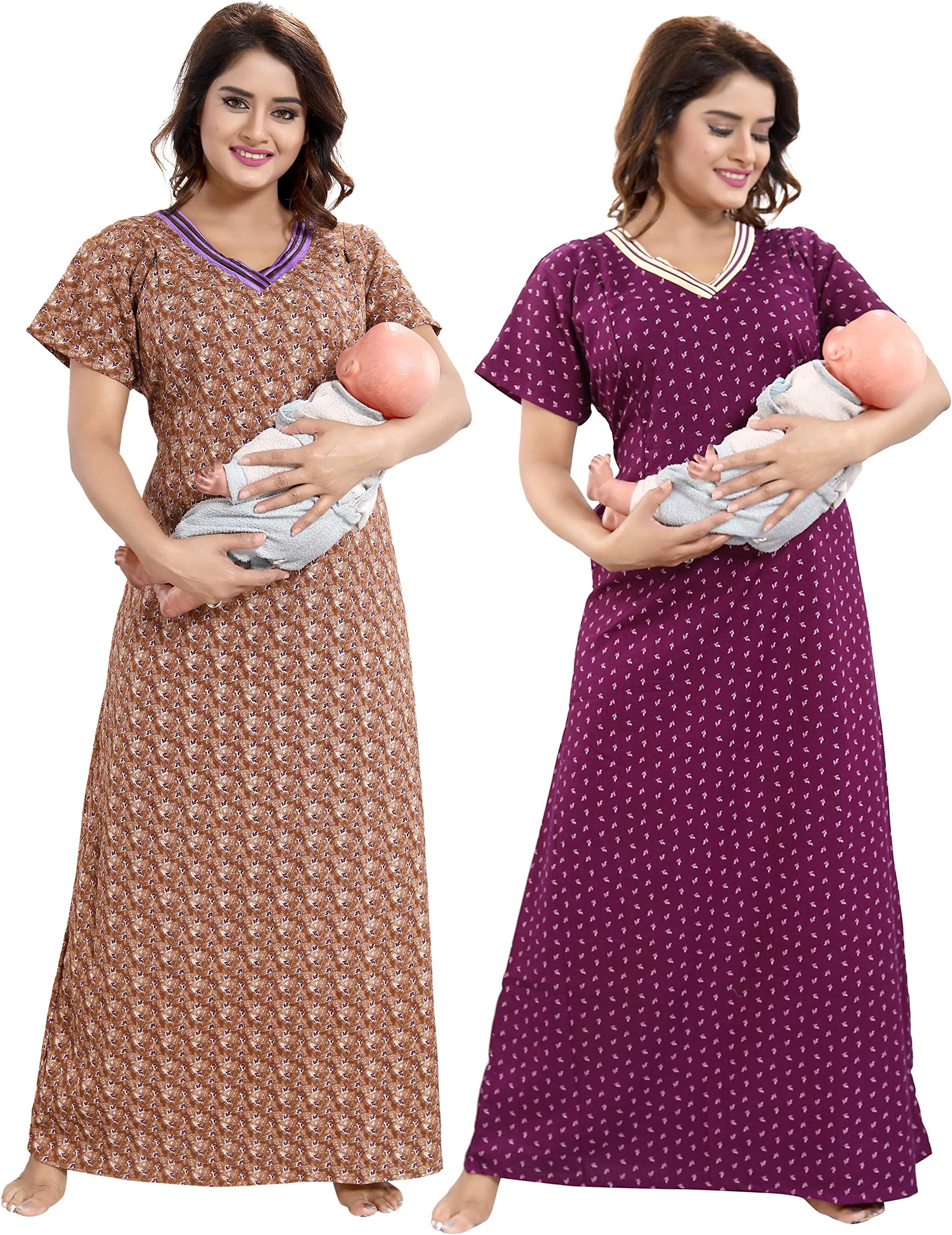 Women Beautiful Print Poly-Cotton Invisible Zip Pattern Feeding/Maternity/Nursing Nighty/Night Gown/Night Dress/Nightwear (Free Size) (Pack of 2 Pcs) Smart Combo
