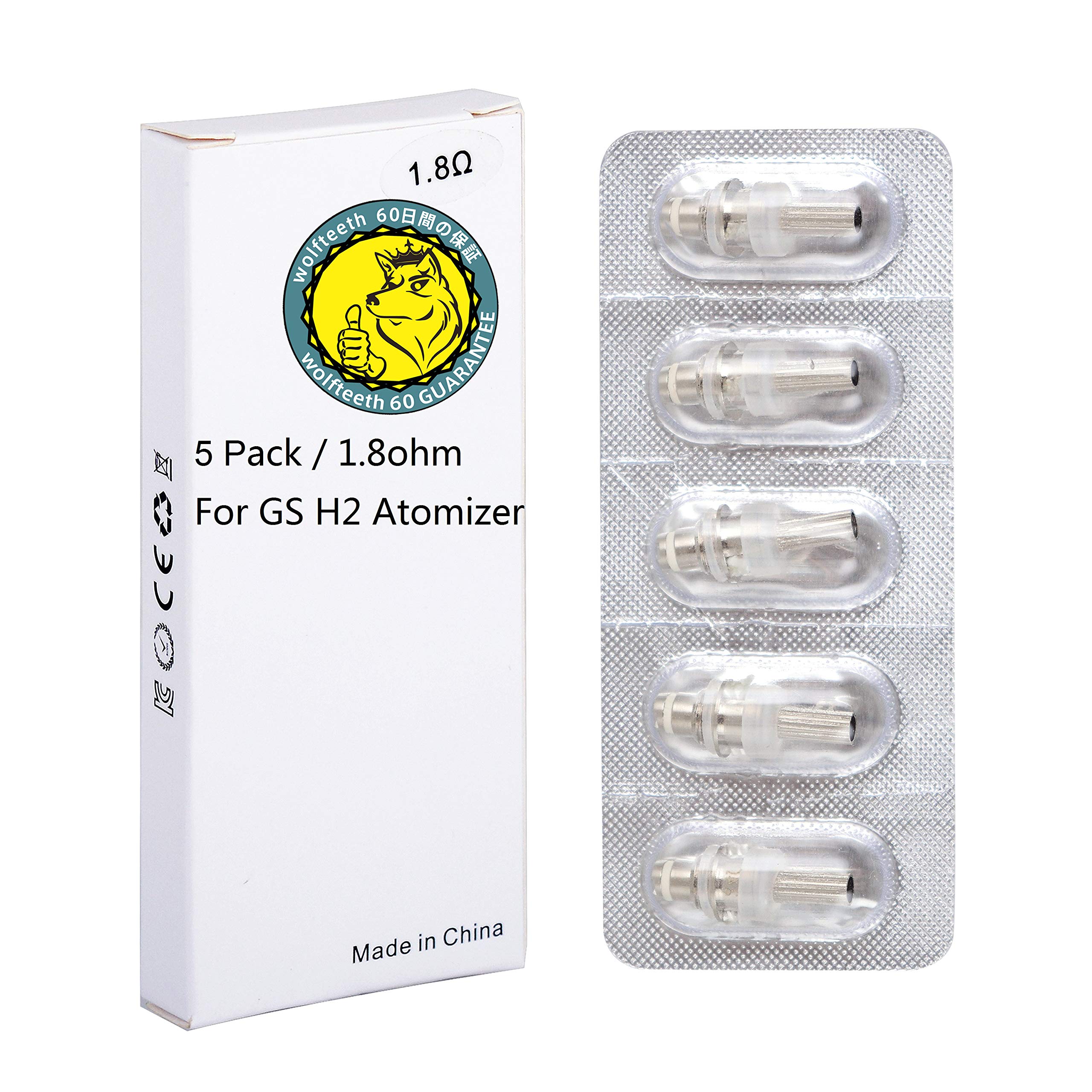 WOLFTEETH 5 Pack Genuine 1.8 ohm Core Coil Head Replacement | GS H2 Clearomizer Atomizer Atomiser Compatible Replaceable Core | Nicotine Free 122201 — image 1