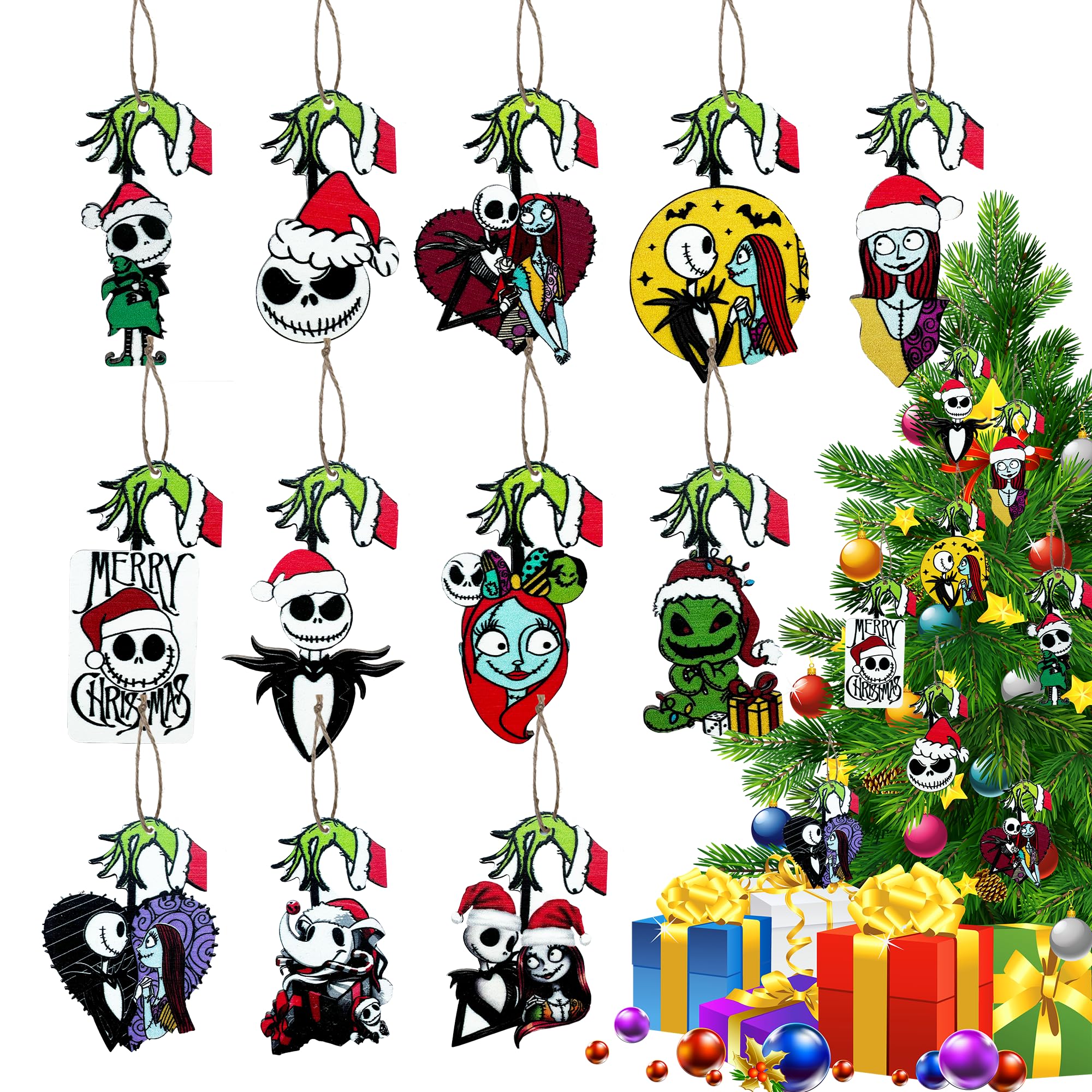 Photo 1 of 48Pcs Nightmare Before Christmas Ornaments,Christmas Tree Decorations,Halloween Jack Wooden Ornaments,Night Before Christmas Tree Party Supplies for Halloween Hanging Decor