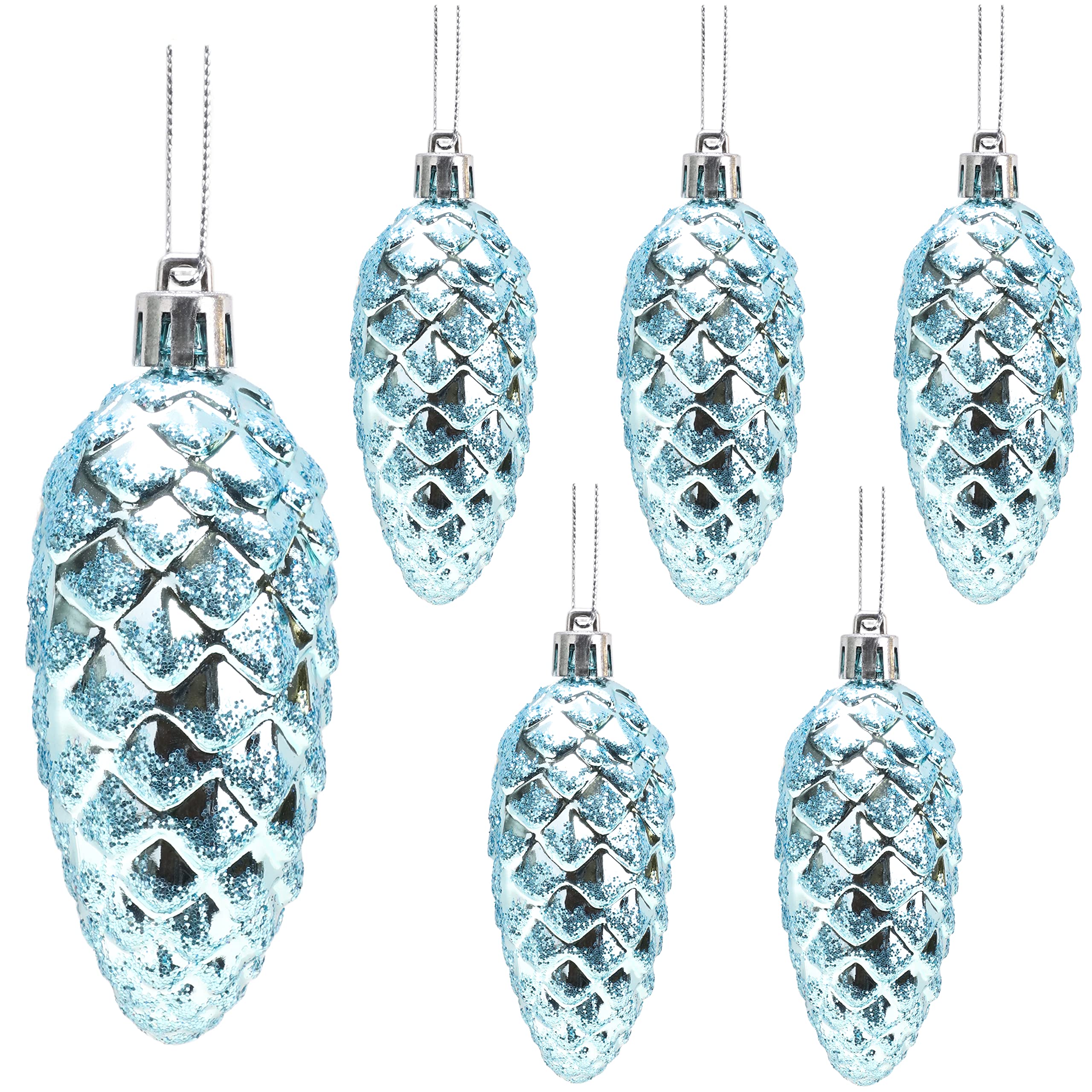 Christmas Concepts® Pack of 6-90mm (3.6") Pine Cone Baubles – Shiny and Glitter Decorated – Luxury Christmas Decorations (Ice Blue)