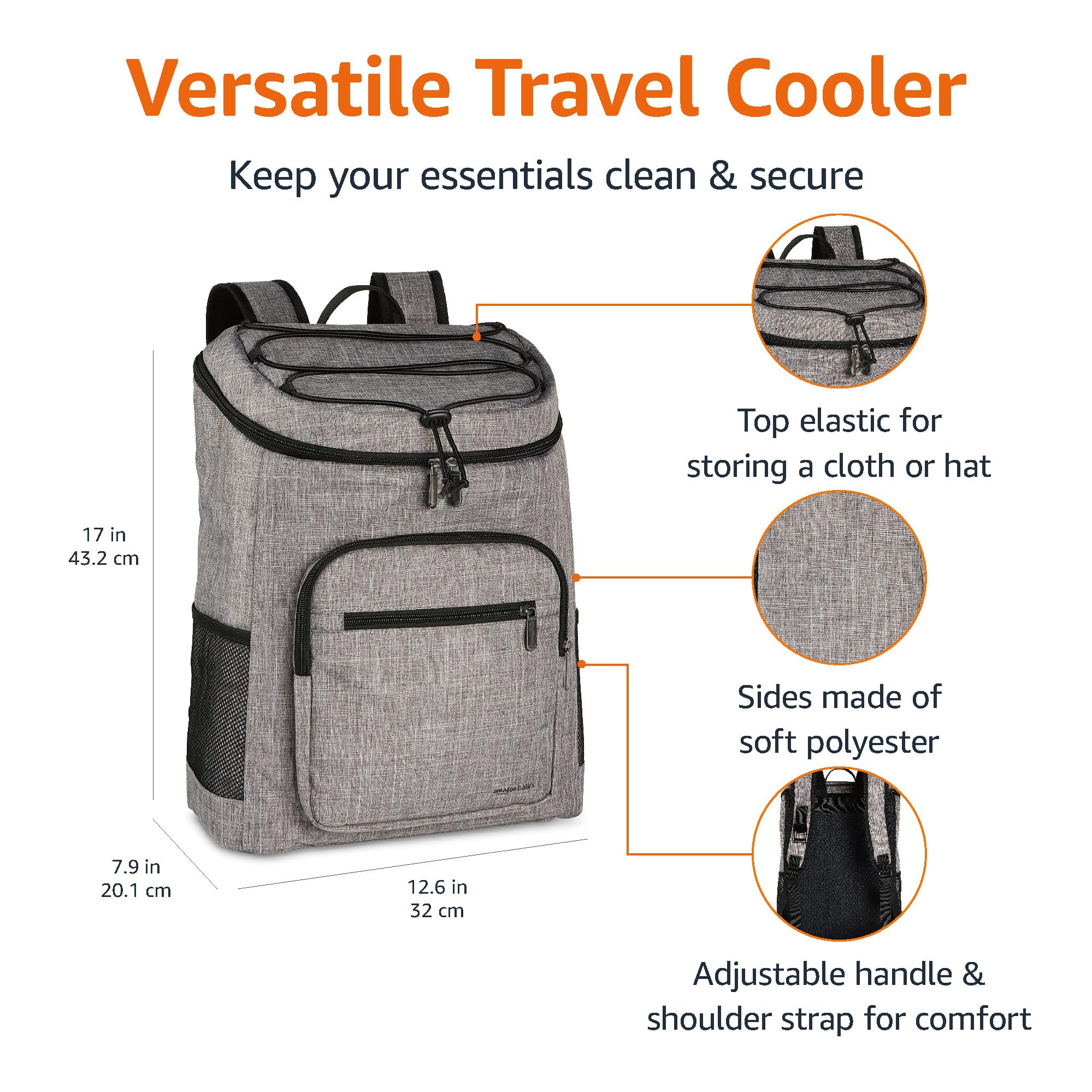 Amazon Basics Insulated Cooler Backpack, 30 Can Capacity, Leak-Proof Design, Gray