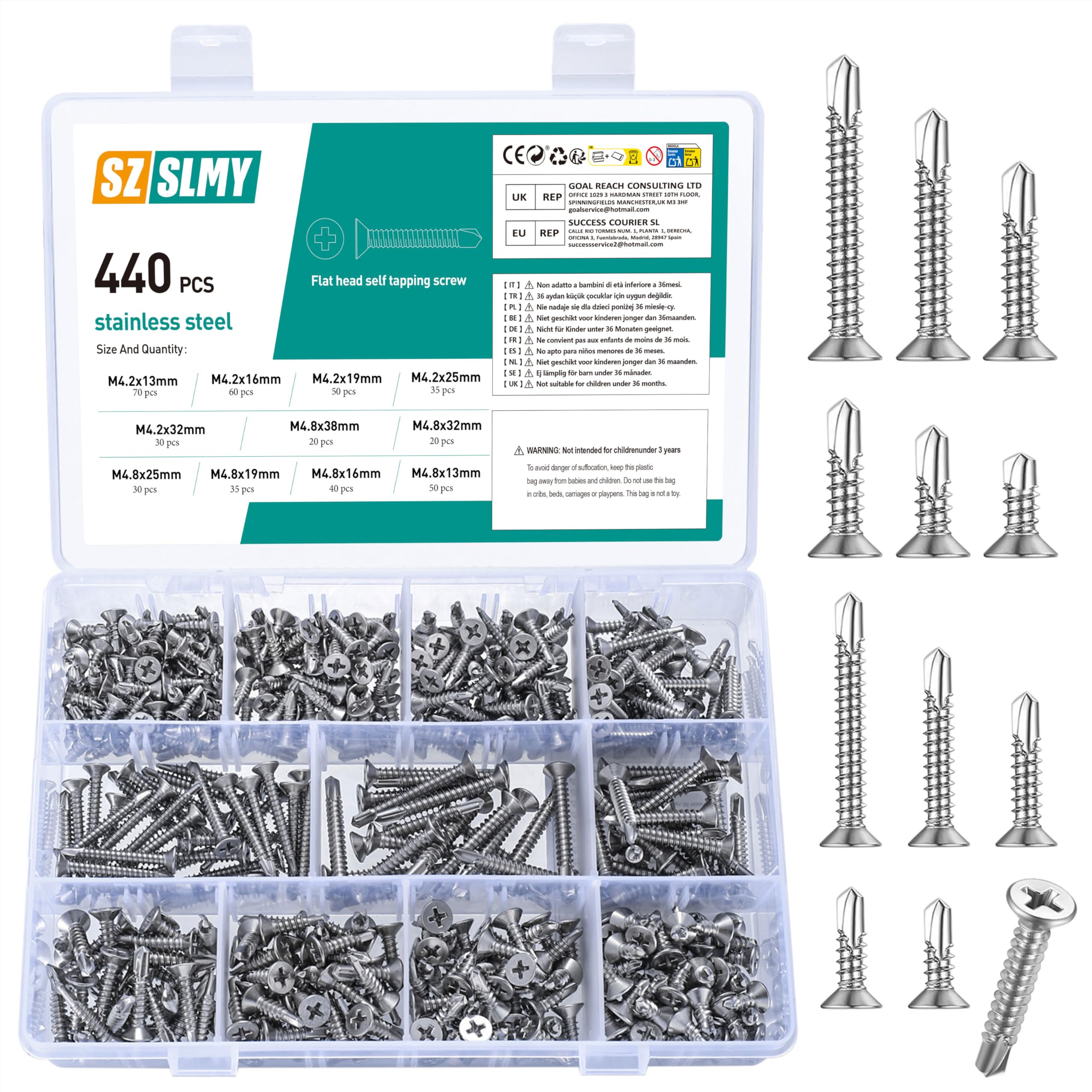 440 Pcs Self Tapping Screws Metal, M4.2 M4.8 Self Drilling Screws for Metal, Stainless Steel Screws Flat Head Screws, Countersunk Self-tapping Screws for Sheets Wood Roofing Plastic (440)