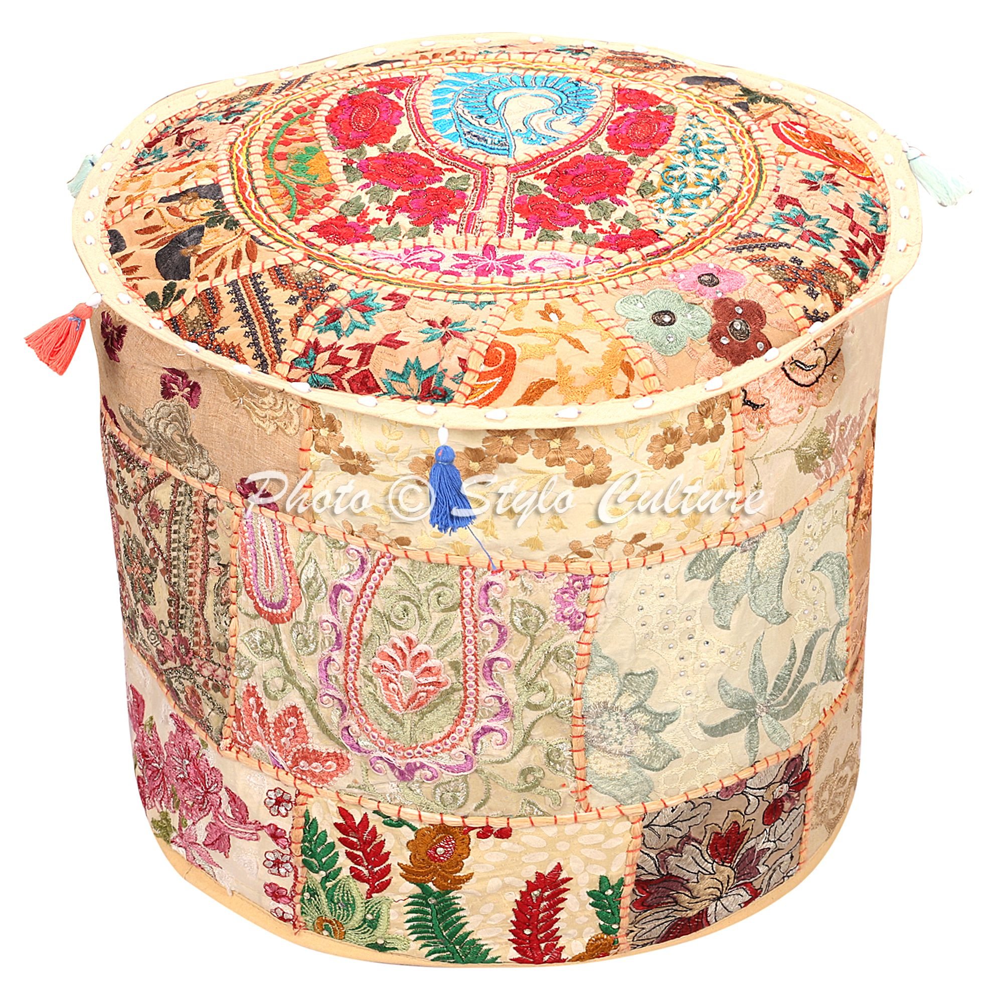 Stylo Culture Ottoman Pouffe Bench Footstool Cover Beige Indian Embroidered Patchwork Cotton Traditional Round Fabric Ottoman Pouf Cover (16x16x13 Inch) 40cm (COVER ONLY)