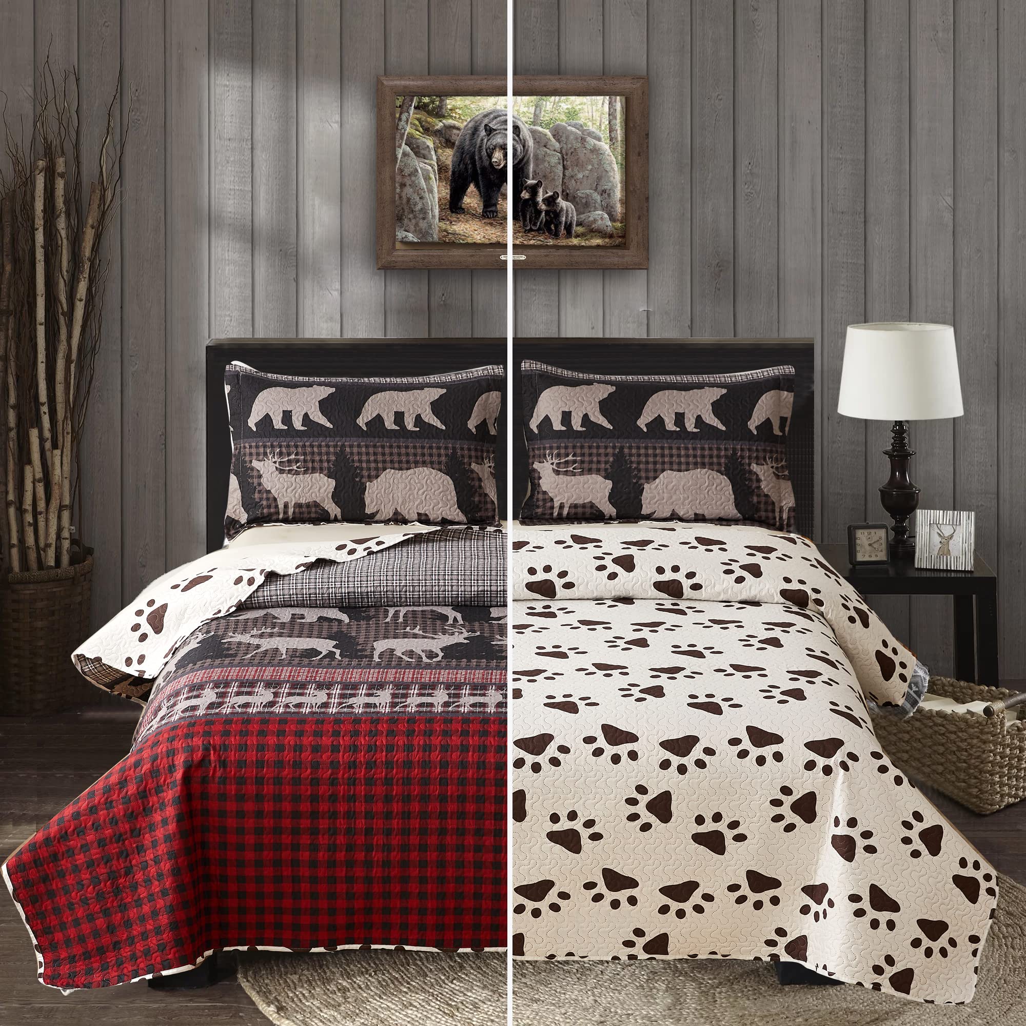 Photo 1 of Lodge Twin Size Rustic Quilt Bedding Set - Lightweight Reversible Quilt, Bedspread & Coverlet - Buffalo Plaid - Country Cabin, Forest Moose Bear Theme