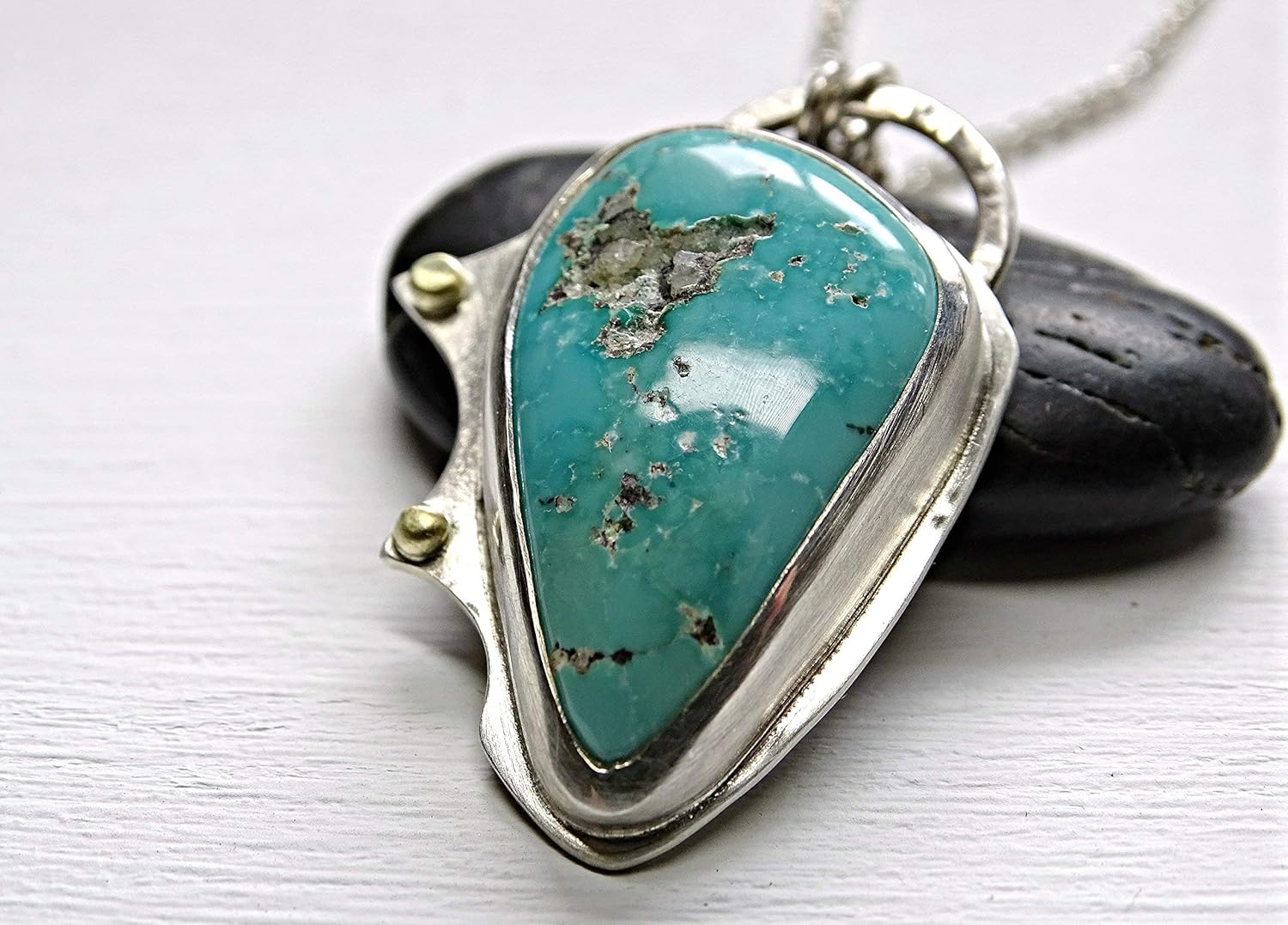 turquoise pendant silver gold, Arizona turquoise necklace