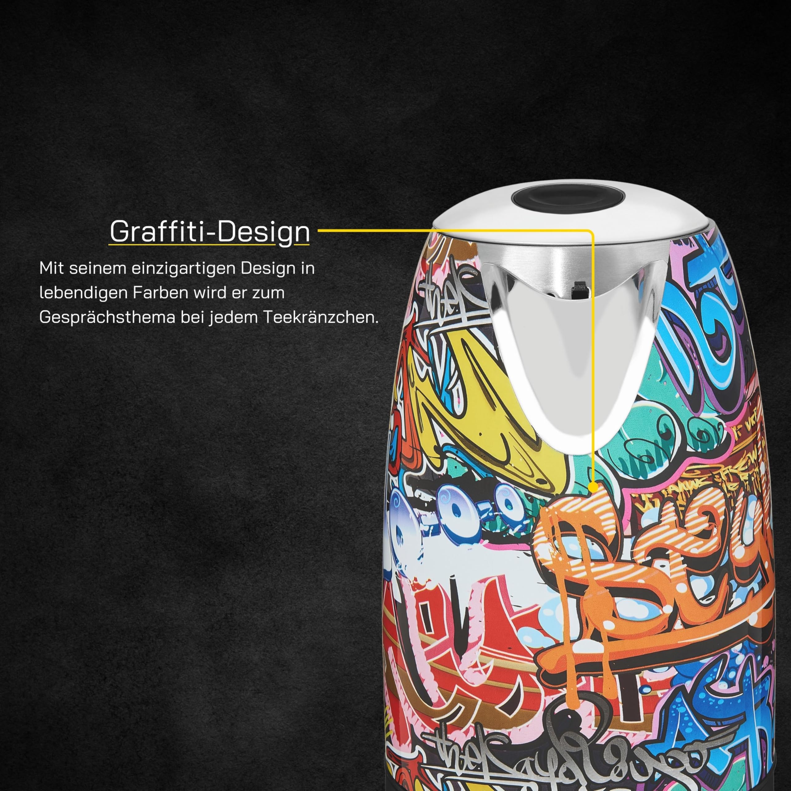 GUTFELS Wasserkocher Bunt WATER 3010 G – Graffiti-Style Design, 1,7 Liter, 2200 Watt, Kalkfilter, Uberhitzungsschutz, Trockengehschutz, 360-Grad-Sockel 7