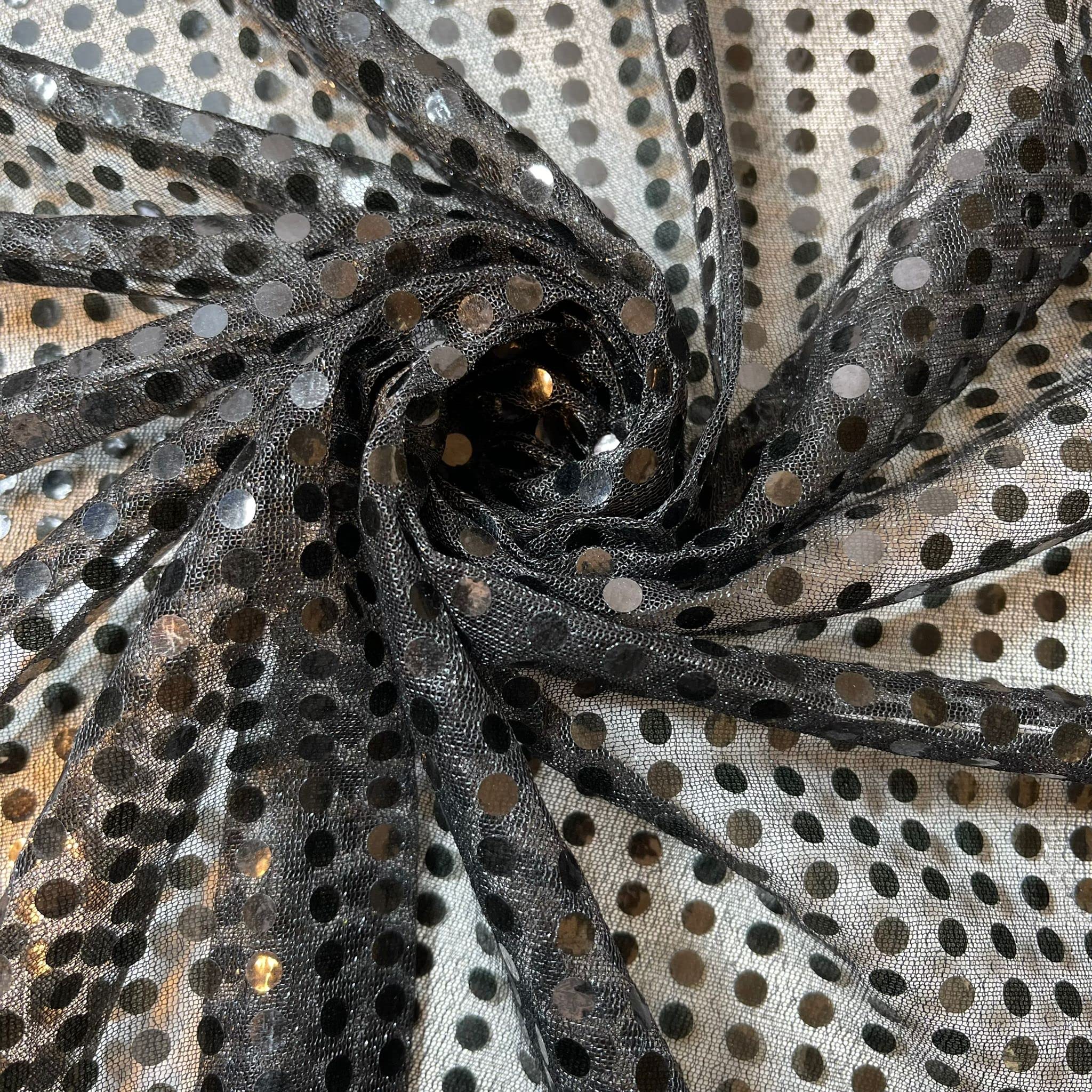 Sequin Jersey Shiny Sparkly Nylon Fabric Fancy Dress Metallic Costume 44" Meter (Black 3mm)