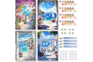 BOWETILE 4 Pack Landscap Paint by Numbers Adult Kit with Frame, Paint by Number Sea Kits on Canvas, Peinture a Numero Adulte,
