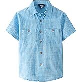 JOGAL Boys Chambray Shirts Short Sleeve Button Down Casual Cotton Woven Shirt with Two Pockets for Kids 6-14 Years