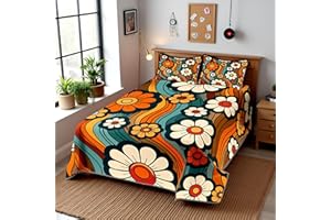 MANFEI Groovy Daisy Flowers Bedspread Queen Size,70s 80s Vintage Floral Hippie Psychedelic Coverlet Set,Boys Girls Room Decor,Rainbow Boho Exotic Quilted Coverlet,Bohemia Retro Bedding Quilt,2 Pillowcases