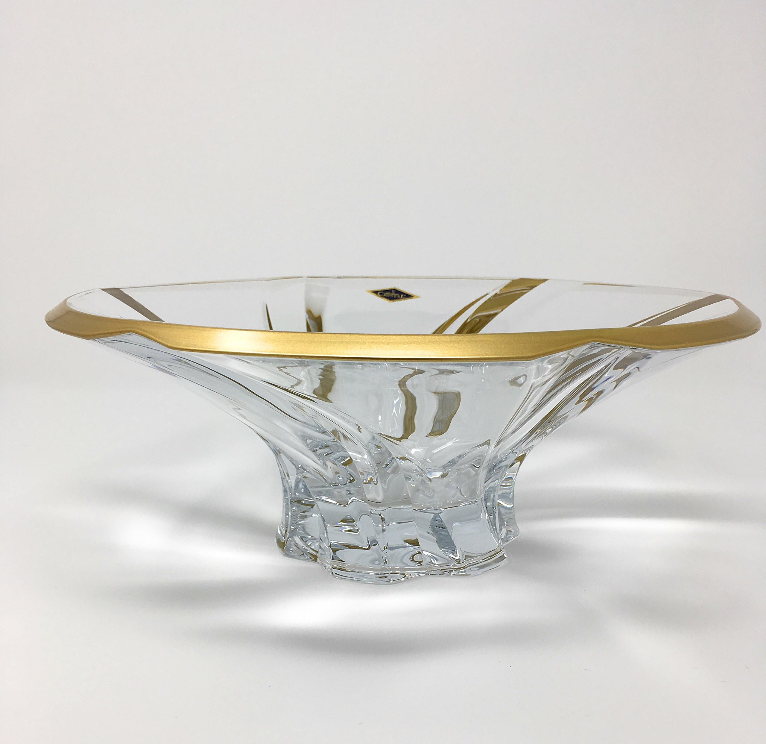 Czech Bohemian Crystal Glass Bowl 12''-Dia ''Oklahoma'' Clear Gold Rimmed Decorative Wedding Gift Crystal Glass Fruits Candies Flowers Elegant Centerpiece European Design Crystal Glass
