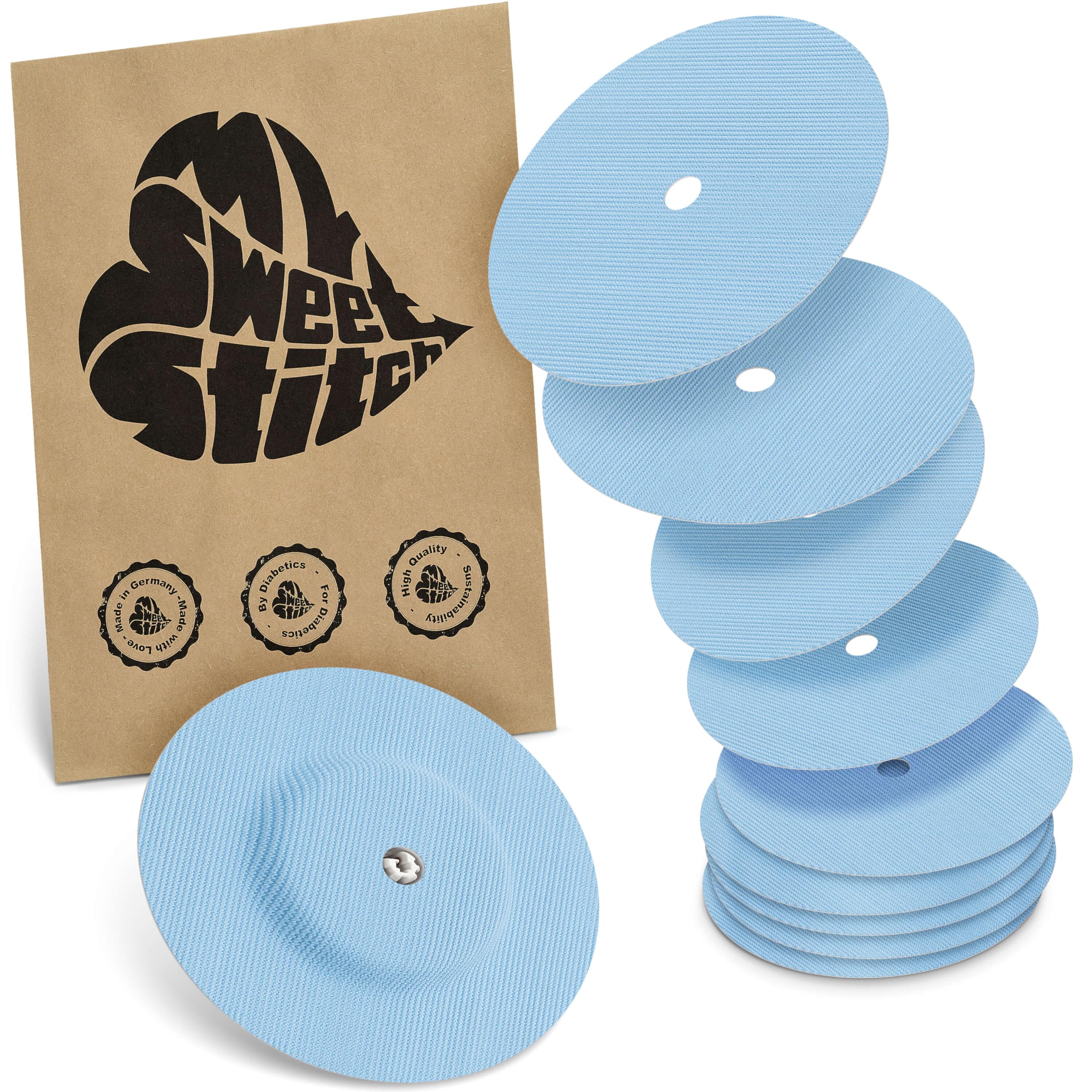 MySweetStitch - 10 x Freestyle Libre 1 & 2 Round Patches with Ventilation Hole, Overpatch Ø 65mm, Waterproof, Breathable, Made in Germany, Ice Blue