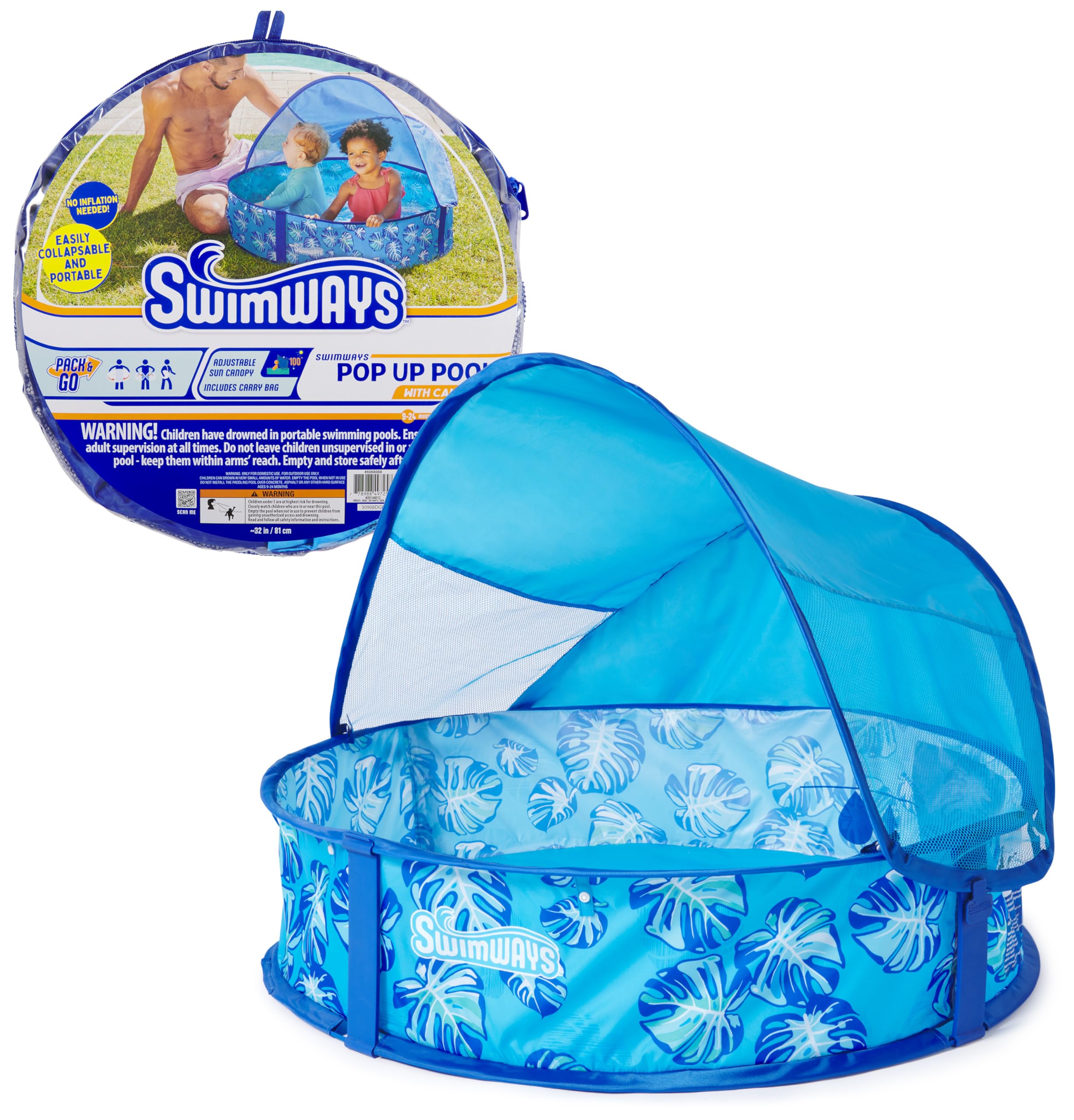 Photo 1 of Swimways Elite Pop-Up Above Ground Pool, Baby Pool with Canopy & Carrying Case, Foldable Kiddie Pool for Ages 9-24 Months, Measures 32", Blue