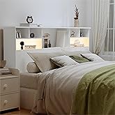 AYEASY Queen Size Headboard Only for Bedroom, Wood Bookcase Headboard | Headboard with Charging Station &amp; 2 LED Lights, Headboards for Queen Size Bed, Noise-free HeadBoard with Storage, White