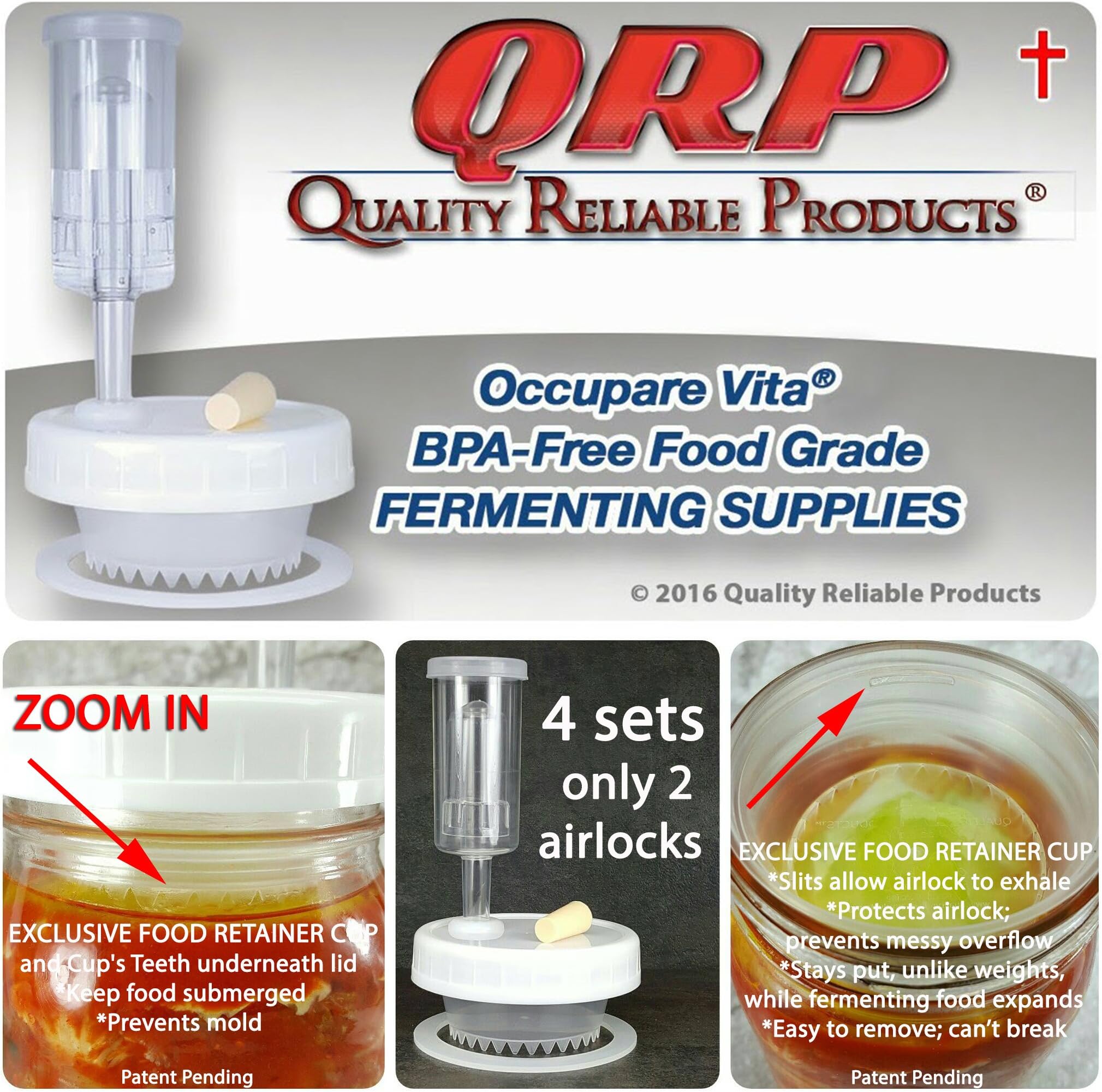 QRP BEGINNER'S KIT 4 Mason Jar ANAEROBIC FERMENTATION LIDS with Food Grade Grommets, Seals, Stoppers, Tamper, and ONLY TWO (2) 3-Piece Airlocks (WIDE MOUTH)
