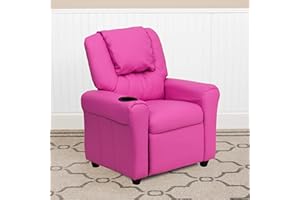 EMMA + OLIVER Hot Pink Vinyl Kids Recliner with Cup Holder and Headrest