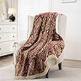 Loom and Mill Damask Floral Throw Blankets for Bed, Chenille Jacquard Throws with Fringes Trim, Soft Lightweight Velvet Lined Throw Blanket for Sofa Couch Chair All Seasons(Burgundy Red,52”x72”)