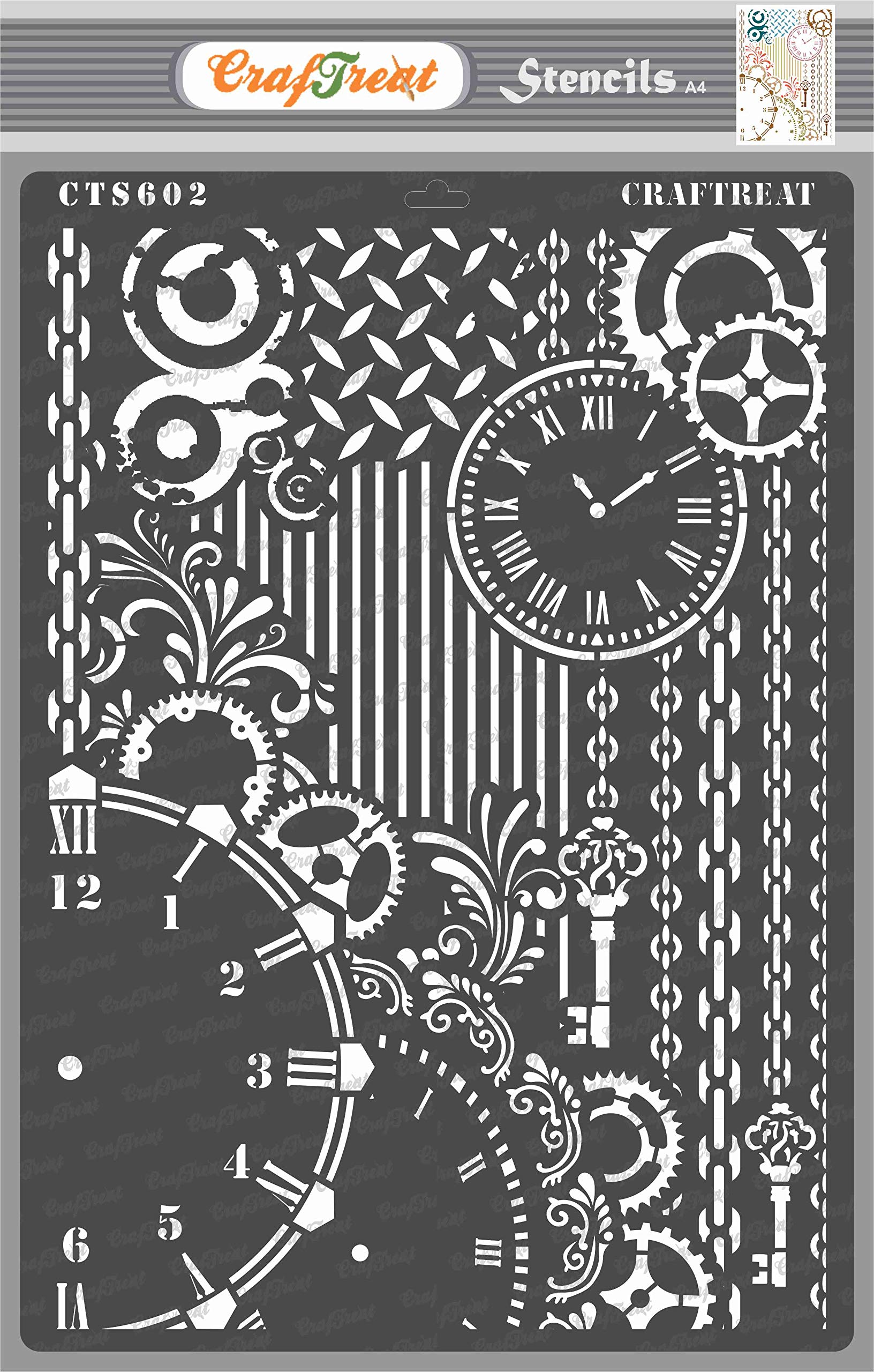 CrafTreat Reusable Clock Stencils for Painting on Wood, Canvas, Paper, Fabric, Wall and Tile - Clock and Key - Size:A4 - DIY Craft Stencils for Mixed Media Art - Clock Stencils for Painting on Wood