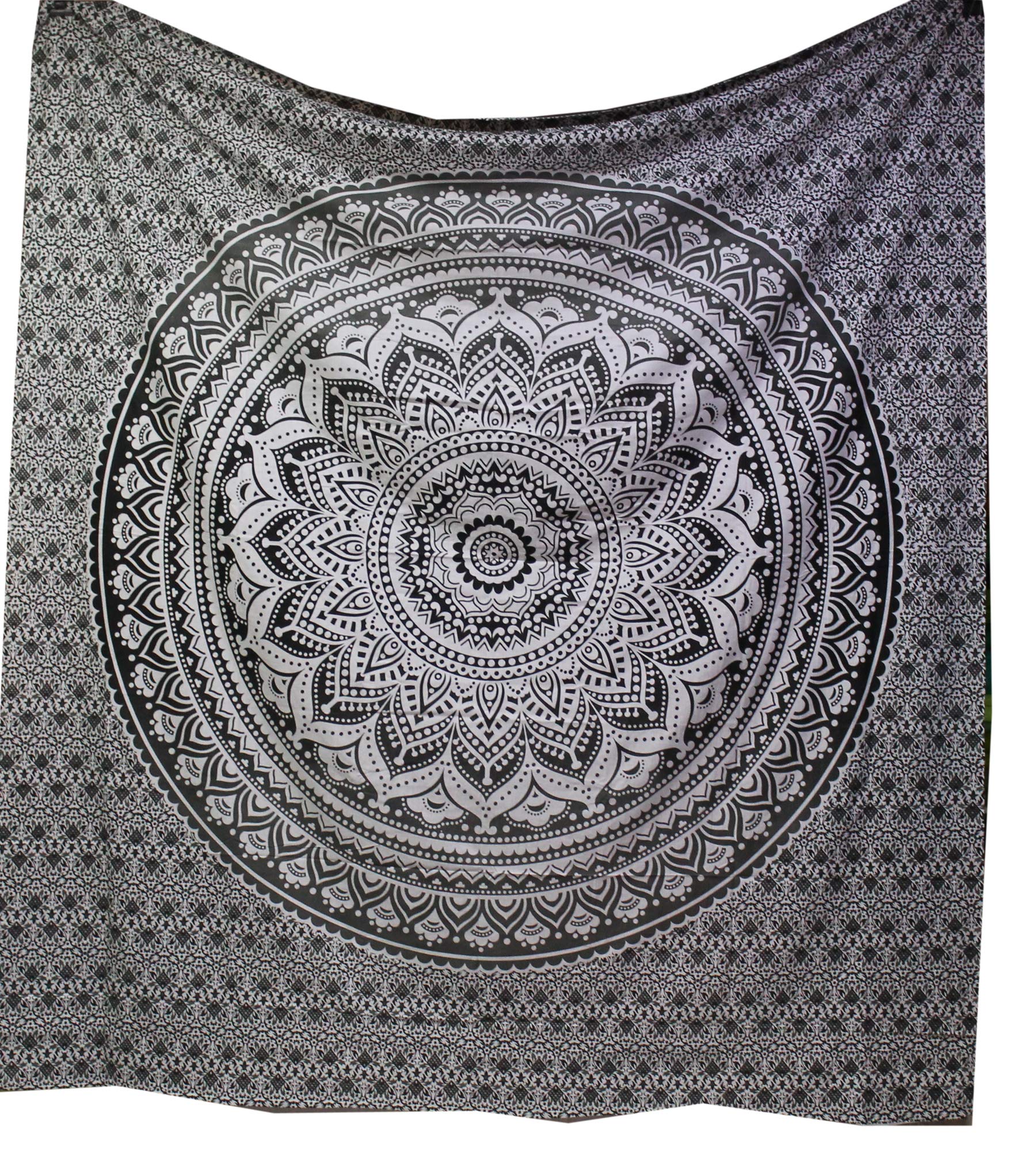 raajsee Multicolor Mandala Ombre Tapestry Wall Hanging/Indian Cotton Boho Psychedelic Hippie Throw Tapestries//Elephant Wall Decor/Yoga Mat Beach Towel Blanket/A (Black White Ombre, 210x220cms Queen)