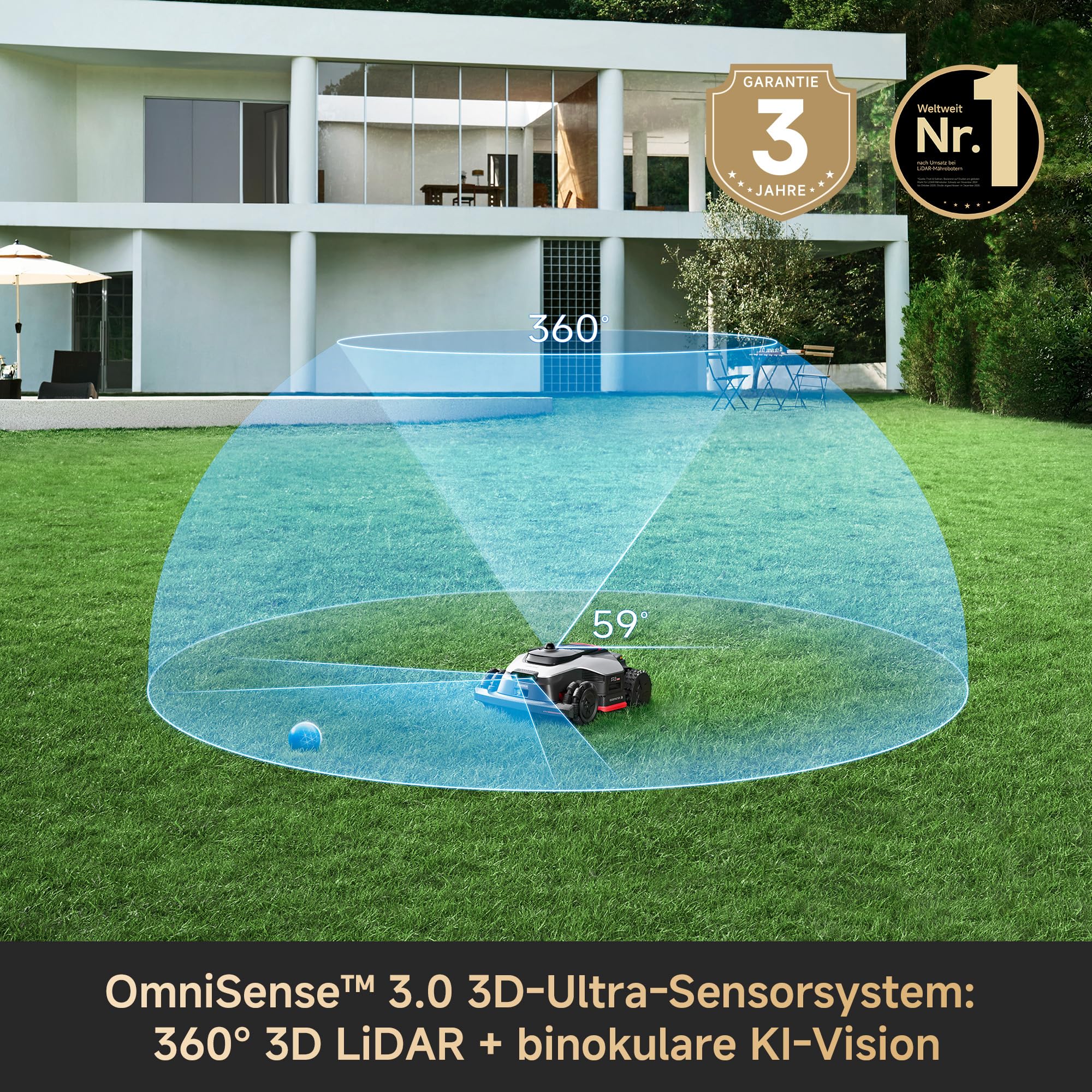 DREAME A3 AWD Pro 3500 Robot-Rasenmäher, für 3500 m², 4WD-Nabenmotoren, ohne RTK, 360° 3D-LiDAR & KI-Vision, Steigfähigkeit bis zu 80% (38,7°), EdgeMaster 2.0: ＜ 4 cm Kantenpräzision 5