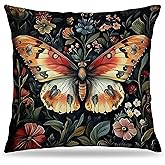 FITIE Colorful Floral Butterfly Pillow Covers 18x18, Retro Dark Cottagecore Wildflower Botanical Moth Decorative Throw Pillow Covers for Bedroom Living Room Home, Butterfly Room Decor