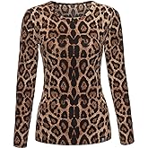Modern-Tee Women's Round Crew Neck Leopard Printed Fashion T-Shirt Long Sleeve Tops
