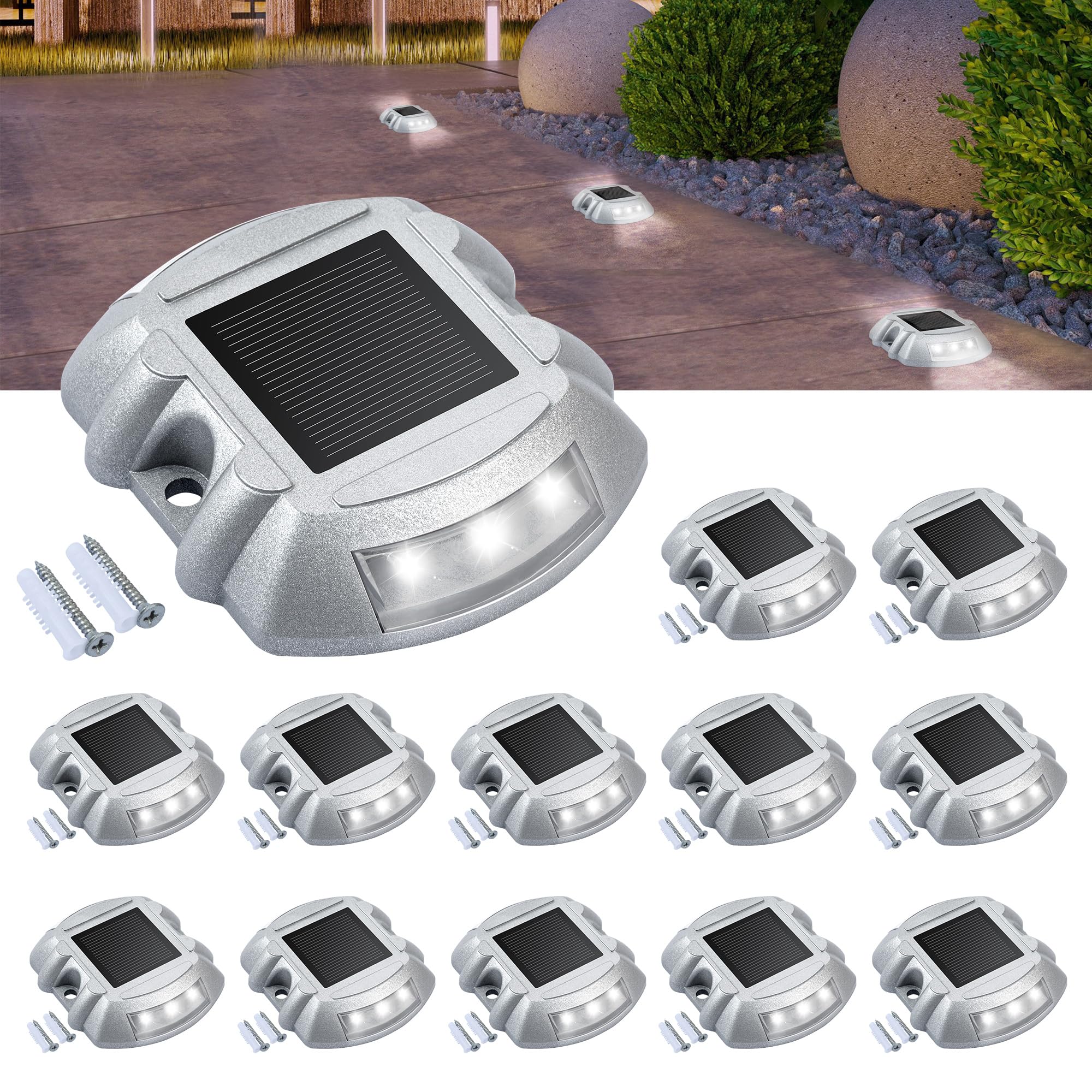 CXRCY 12-Pack Solar Deck Lights – Aluminum Waterproof LED Step Lights For Driveways, Docks & Pathways