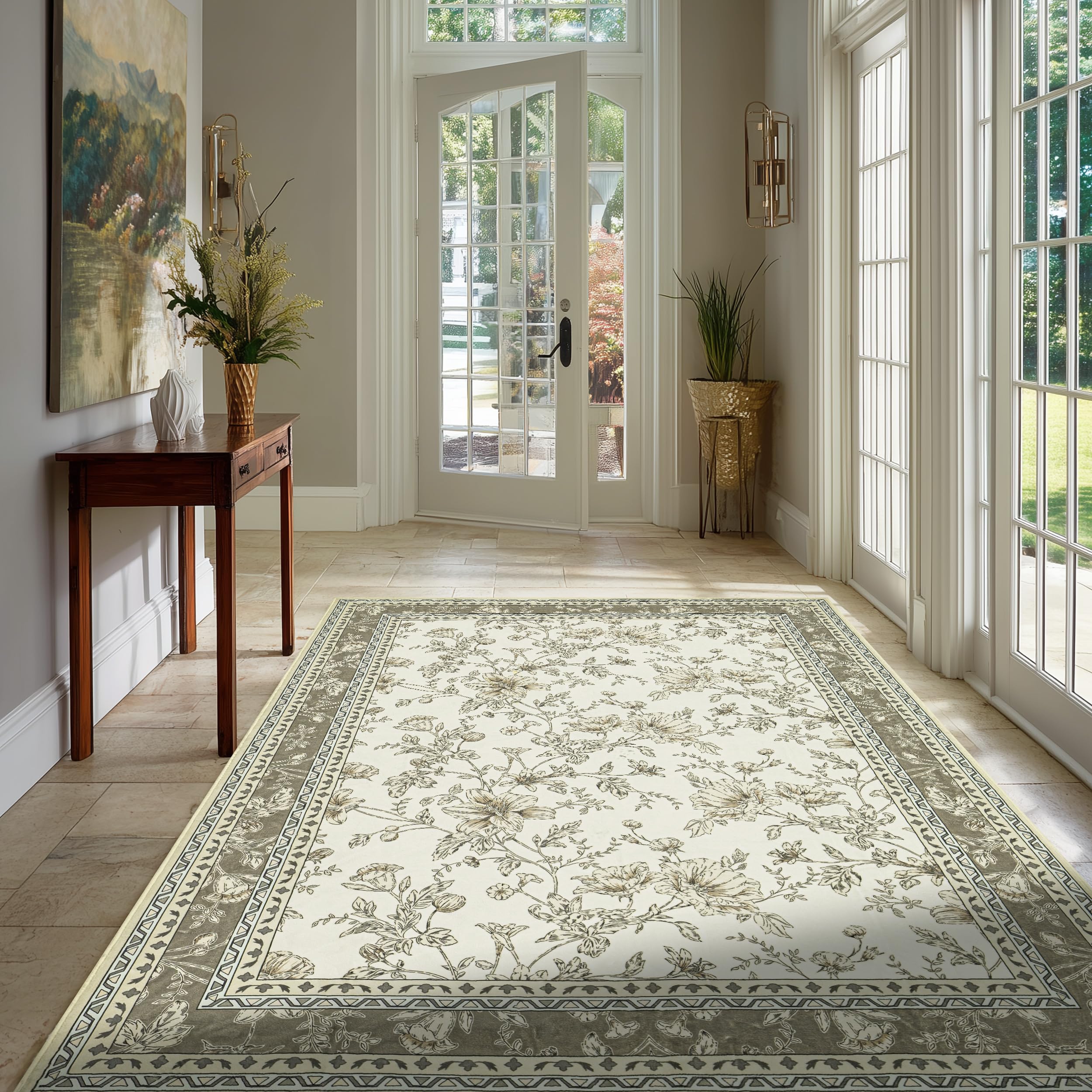 Floral Boho Rug 4x6 Washable Non Slip Area Rug Bohemian Carpet Door Mat Taupe Beige Tan Floral Distressed Modern Farmhouse Sketch Style Flower for Bedroom Foldable 4x6 for Entryway Living Room Image