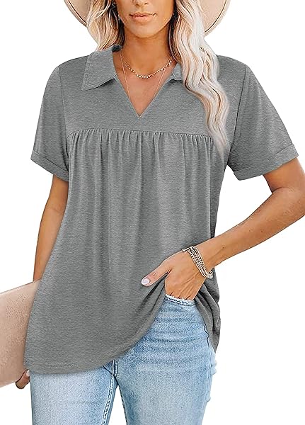 QVESELU WOMENS SUMMER DRESSY CASUAL COLLARED V NECK SHORT SLEEVE LOOSE FIT CUTE BABYDOLL TUNIC TOPS AND BLOUSES LADIES PLAIN COTTON WORK BUSINESS POLO T SHIRTS SPRING FALL FASHION 2023 GREY