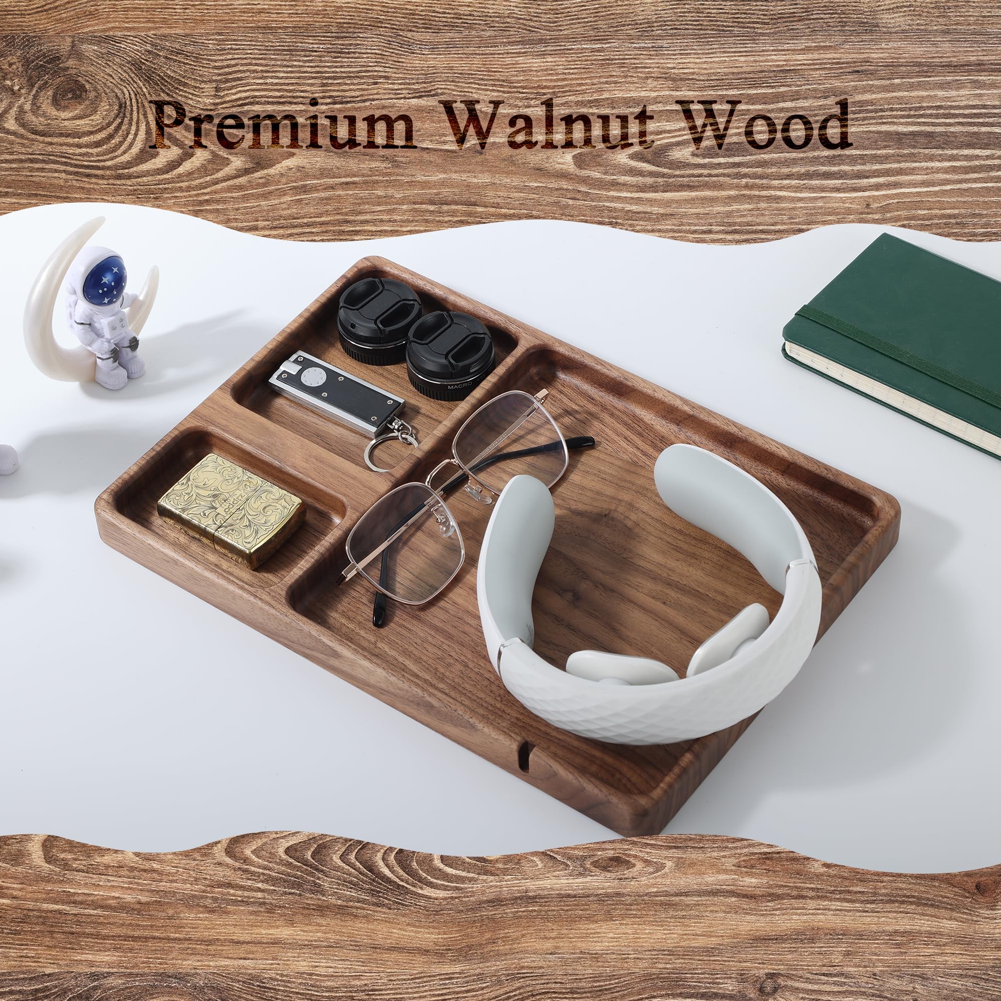 Walnut Wooden Valet Tray – Bedside Table Organizer for Men Dad, EDC Catch All Tray with Cable Slot (11.4 x 7.9 x 0.8 Inch)