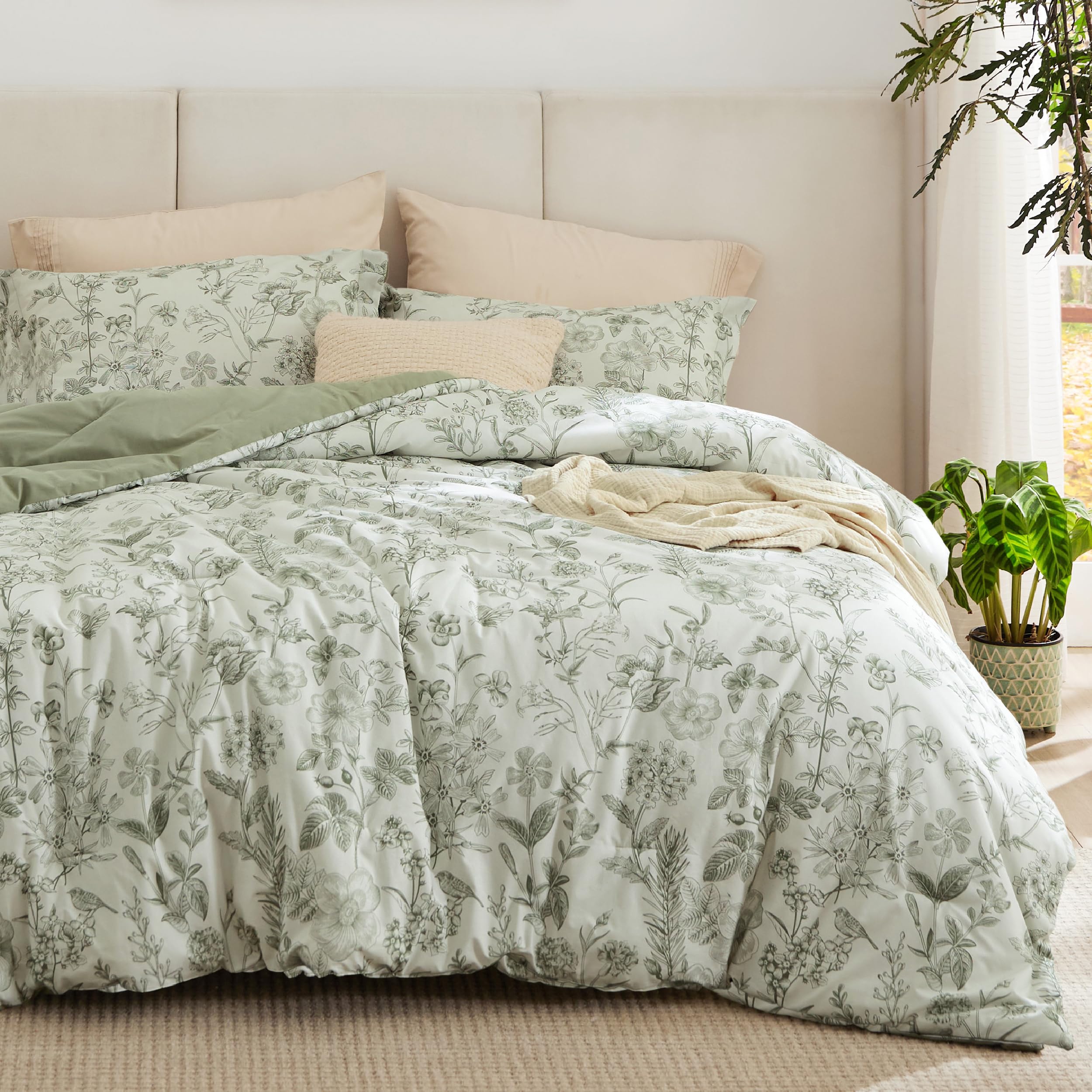 Photo 1 of Bedsure Floral Comforter Set King Size - 100% Cotton Fabric with Microfiber Inner Fill, Sage Green Bedding Comforter Set, 3 Pieces, 1 Soft Reversible Botanical Flower Comforter and 2 Pillow Shams
