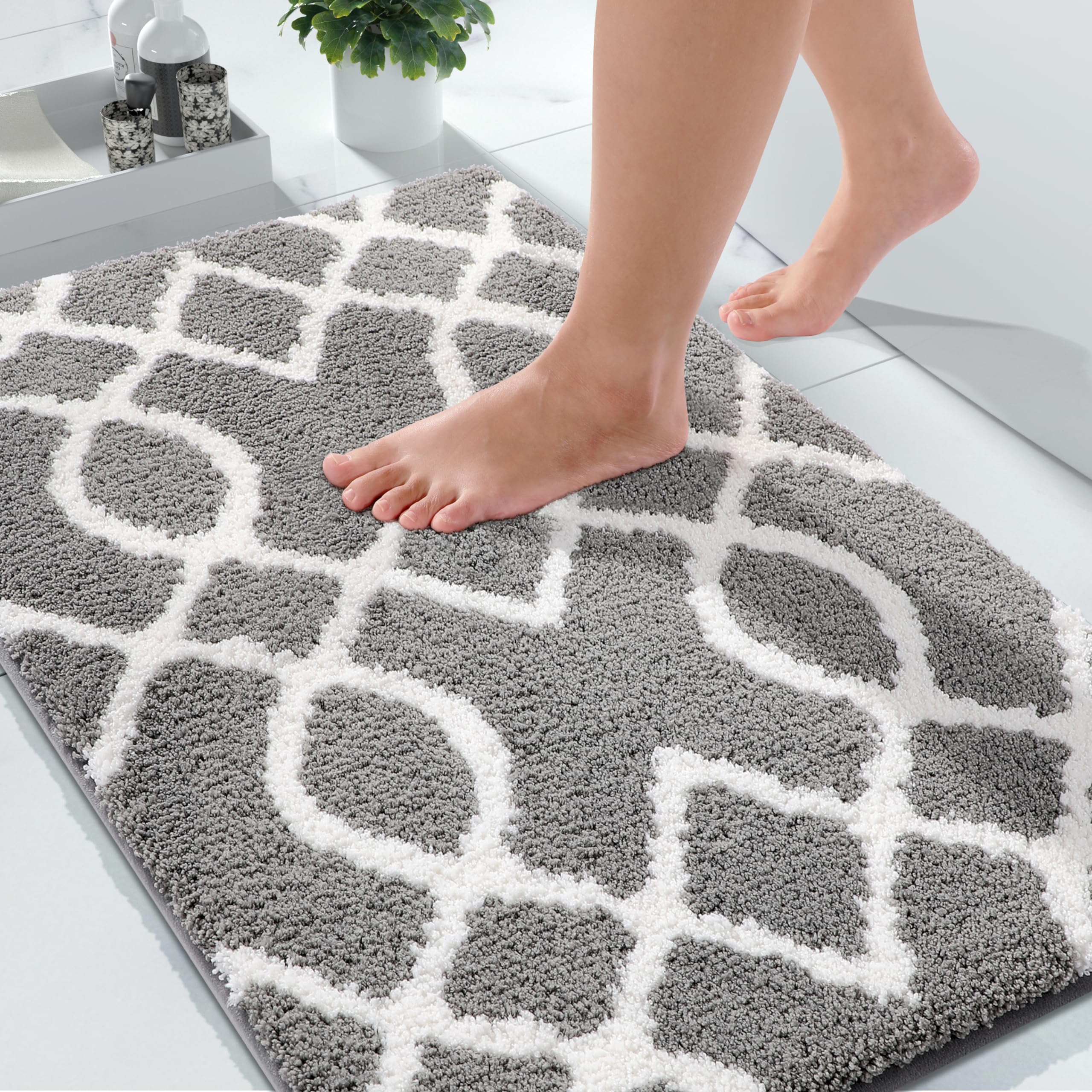 Photo 1 of Yimobra Luxury Bathroom Rugs, Soft Thick Plush Fluffy Bath Mat, Non-Slip,Water Absorbent, Shaggy Microfiber Bath Shower Matts, Machine Washable, Floor Carpet for Bathtub, 44x24 Inch, Grey