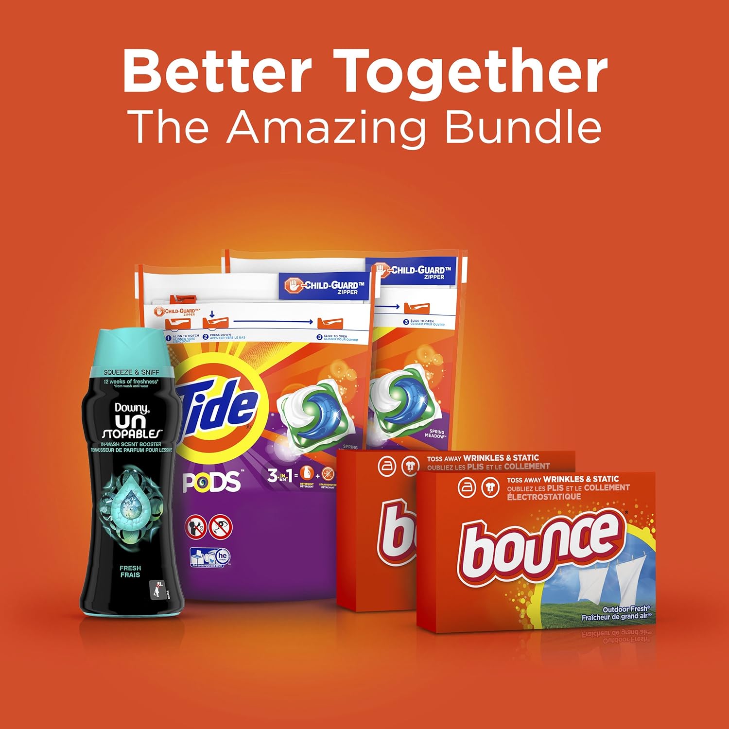 Tide Pods Laundry Detergent Pacs (2x35ct), Downy Unstopable Scent Beads (14.8 oz) and Bounce Dryer Sheets (2x34ct), Better Together Bundle: Health & Personal Care