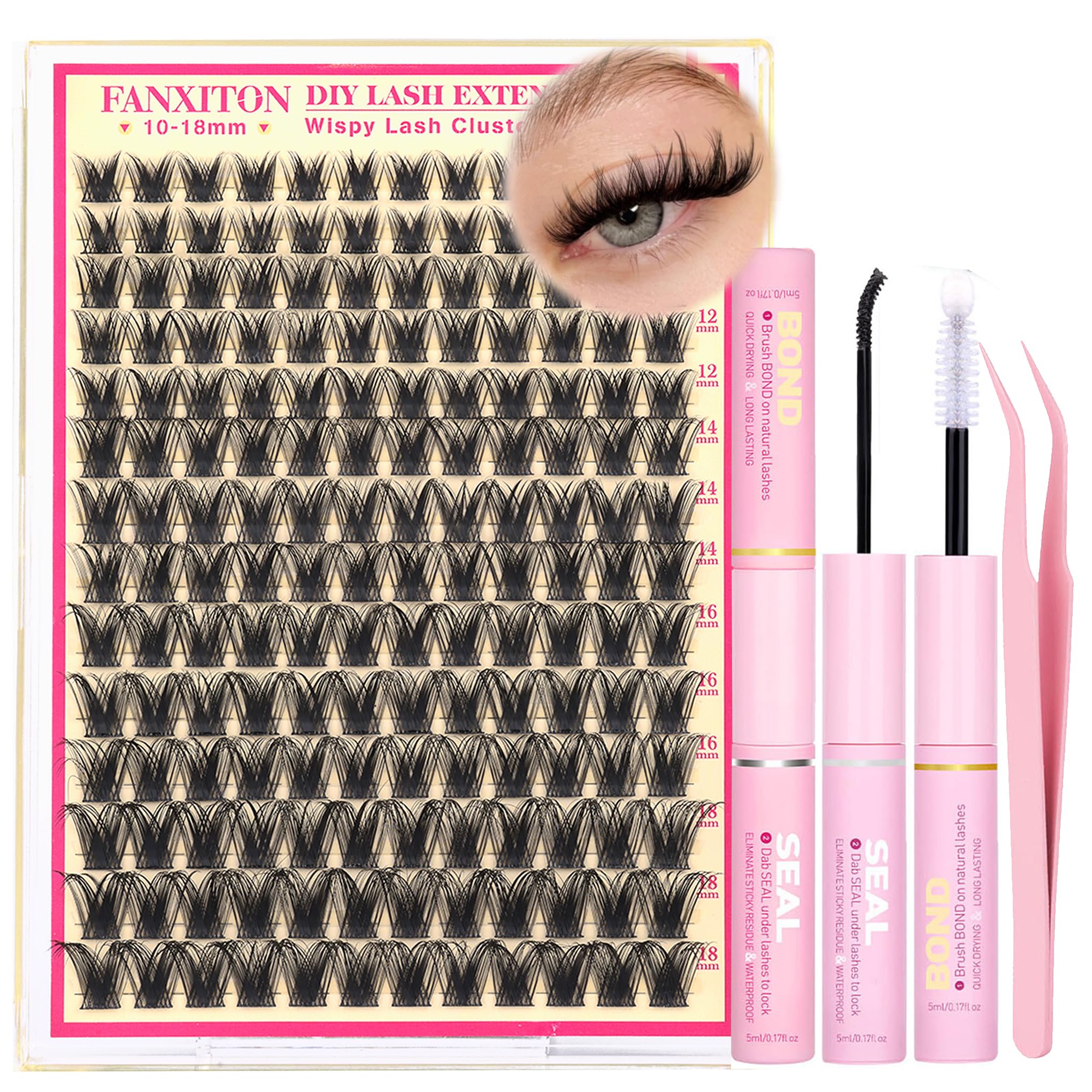 Photo 1 of FANXITON Lash Clusters Kit Wispy Clusters Eyelash Extensions Natural Lash Extension Kit 168 Pcs 10-18mm Individual Lashes Thin Band Cluster Lashes with Waterproof Lash Bond and Seal Tweezers