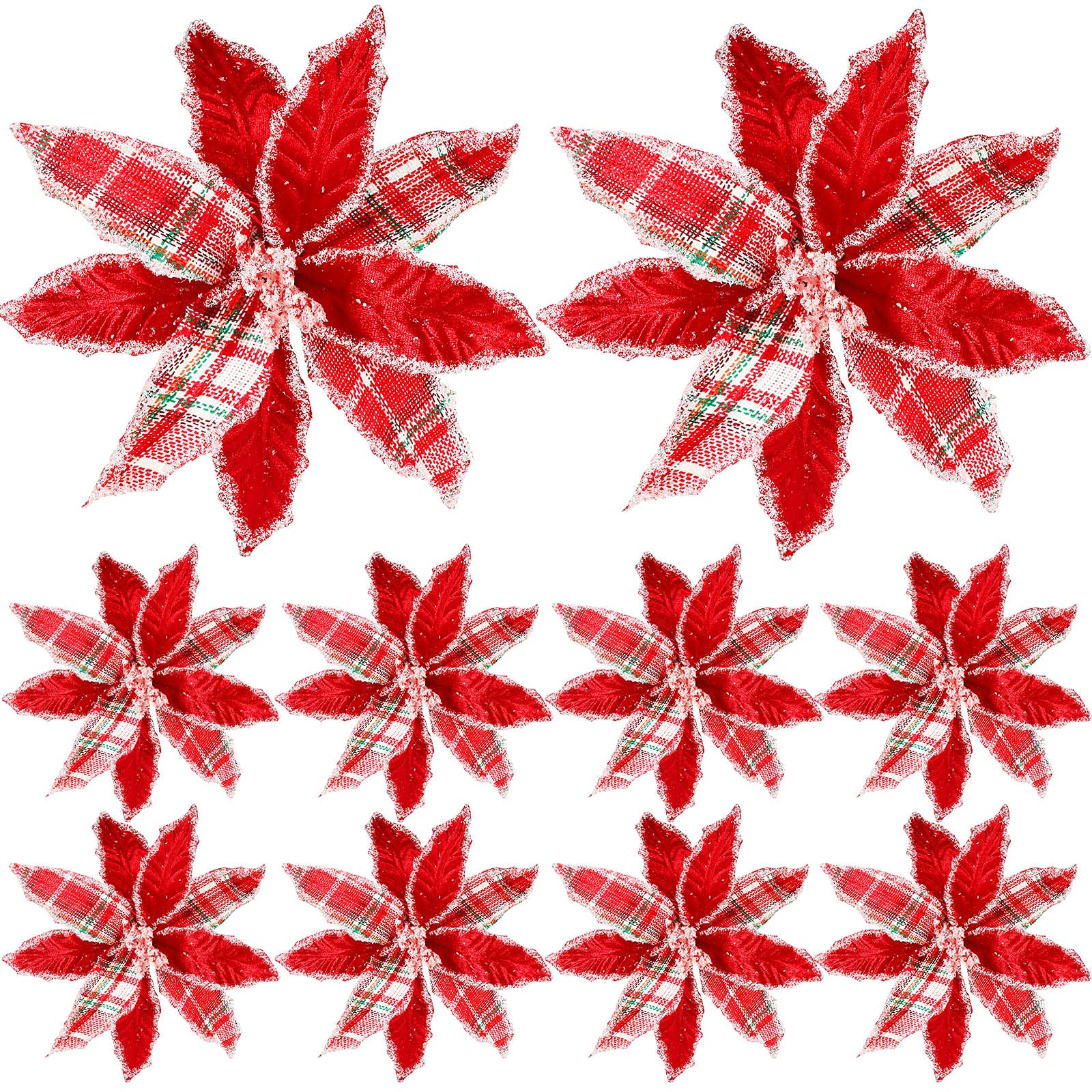 Geosar 10 Pieces Christmas Buffalo Plaid Red White Green Plaid Poinsettia Flowers Christmas Tree Ornaments for Christmas Tree Wreaths Garland Holiday Decorations