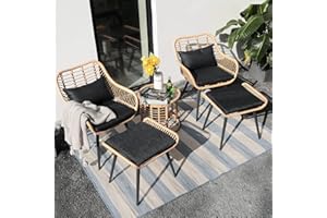 JOIVI 5 Piece Wicker Patio Furniture Set, Rattan Outdoor Bistro Set with 2 Ottomans and Coffee Side Table, Small Patio Conversation Set for Balcony, Front Porch, Garden, Backyard, Black