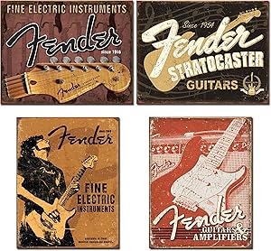 Fender Guitar Sign Bundle - Fine Electric Instruments with Headstock, Stratocaster, Fine Electric Instruments with Man and Weathered Guitars & Amplifier Tin Signs.
