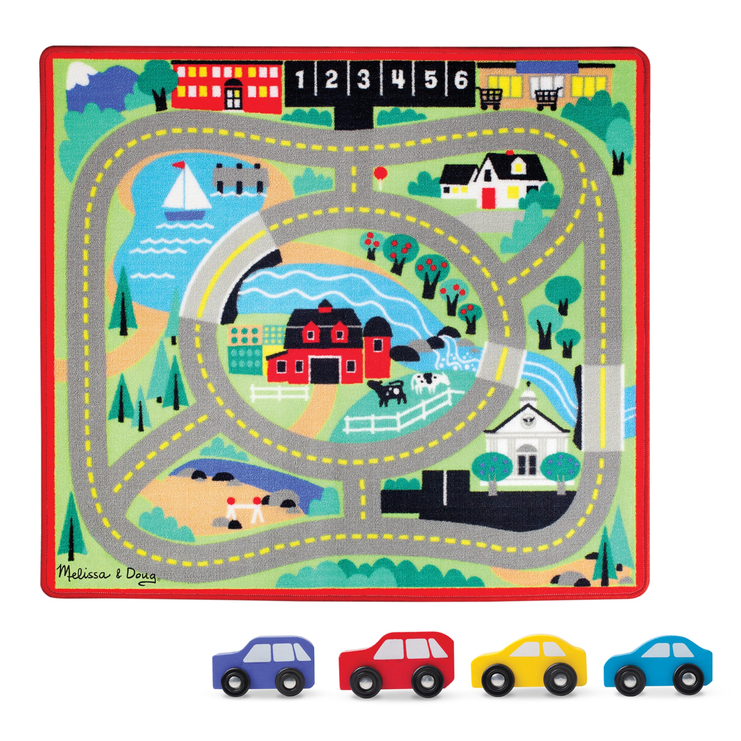 Melissa & Doug Round the Town Road Rug & Car Set (Cars & Trucks, Safe for All Floors, 4 Wooden Cars, Frustration-Free Packaging)