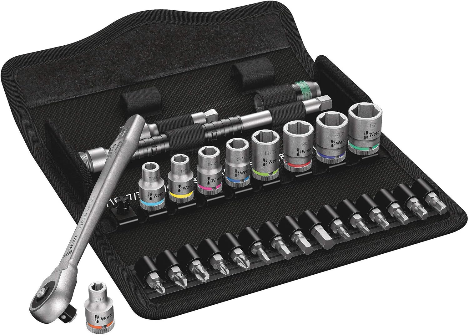 Wera 05004020001 8100 SA 10 Zyklop Metal Ratchet Set including Push-Through Square, 1/4" Drive, Imperial, 28 Pieces
