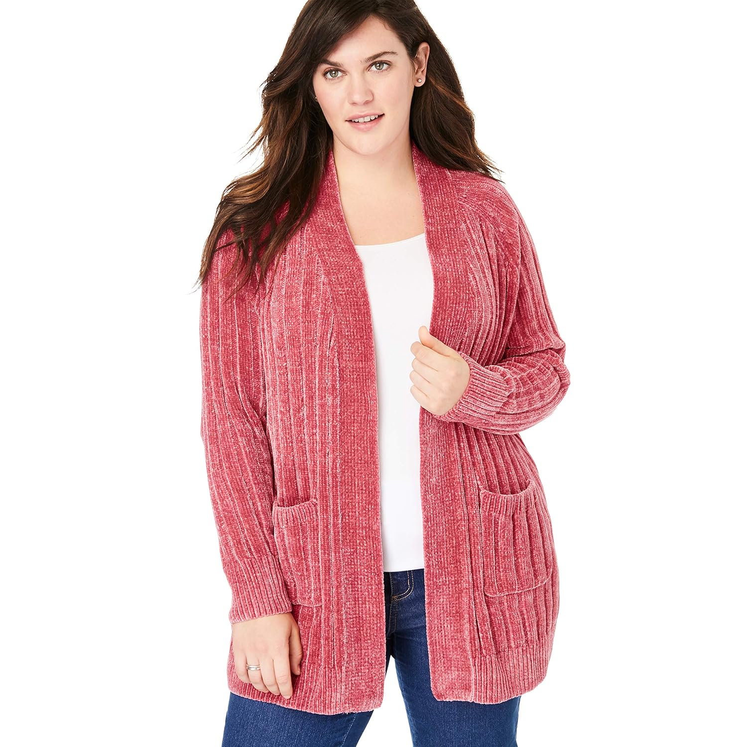 Woman Within Womens Plus Size Open Front Chenille Cardigan