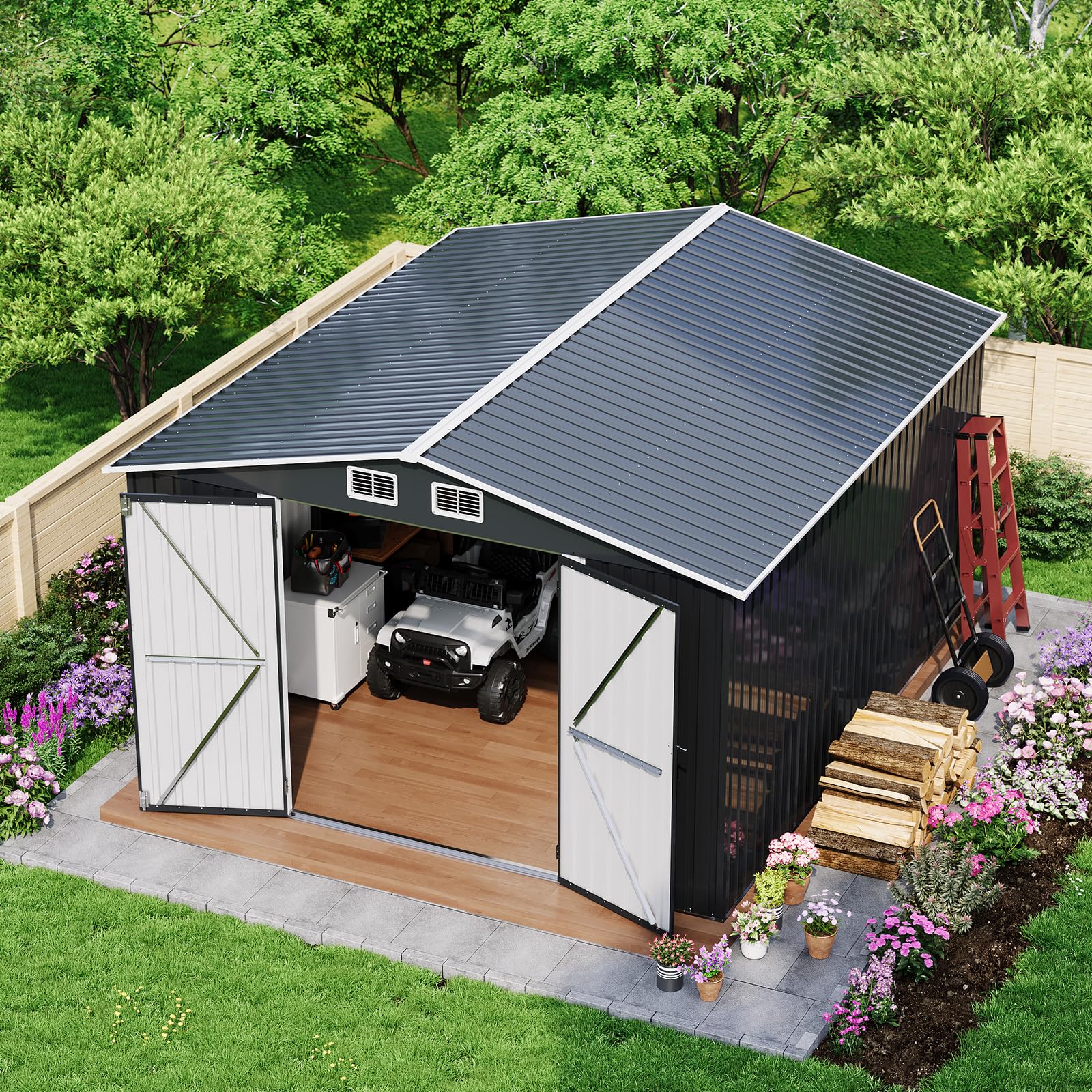 Photo 1 of **ONLY 1 BOX OUT OF MULTIPLE BOX SET** GarveeLife 12 X 10 ft Outdoor Storage Shed, Metal Garden Sheds & Outdoor Storage with Updated Frame Structure, Backyard Garden Terrace Tool Shed for Backyard, Lawn, Patio, Bike Storage, Gray