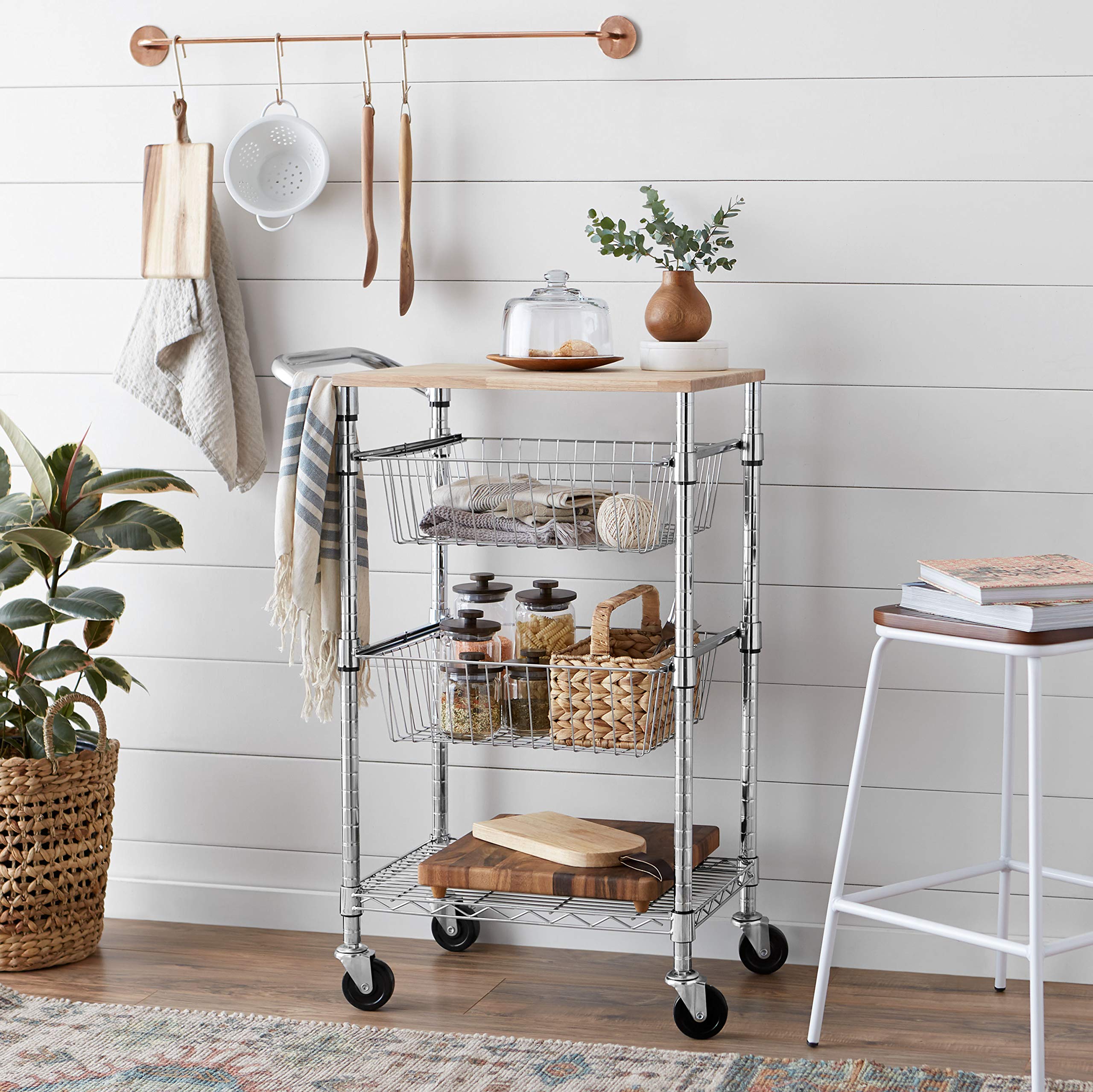 AmazonBasics 3Tier Metal Basket Rolling Cart with Wood Top