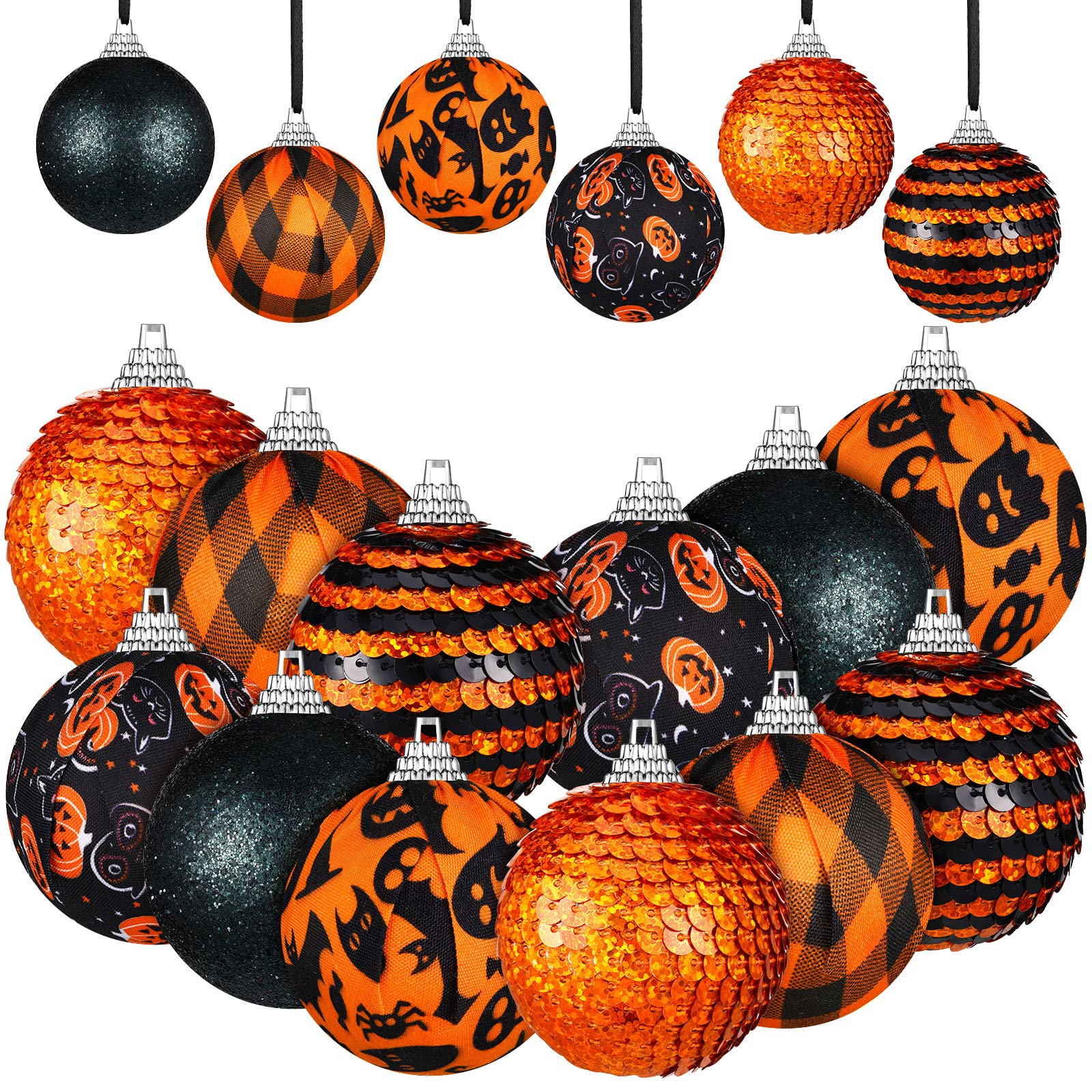 Photo 1 of 12 Pieces Halloween Ornament for Tree Halloween Day Ball Ornament Glitter Ghost Black Orange Ball Tree Decoration for Party Hanging Decor