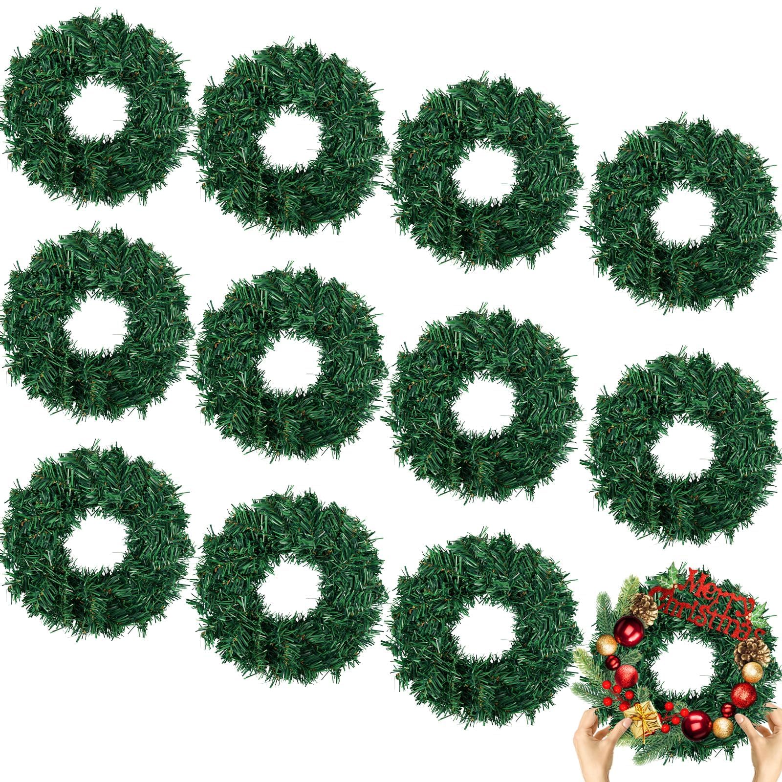 Photo 1 of 12 Pcs Christmas Wreath 10 Inch Green Artificial Mini Christmas Wreaths DIY Faux Plain Wreaths Front Door Green Farmhouse Cabinets Wreath Indoor Outdoor Wall Decor(Classic)