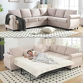 104" Sectional Sleeper Sofa Queen, L Shaped Couch with Pull Out Bed, Beige | 6-Seater Sectional Couch, 3.35" Memory Foam Mattress, 7 Soft Cushions, Rolled Arms &amp; Nailhead Trim for Living Room Set